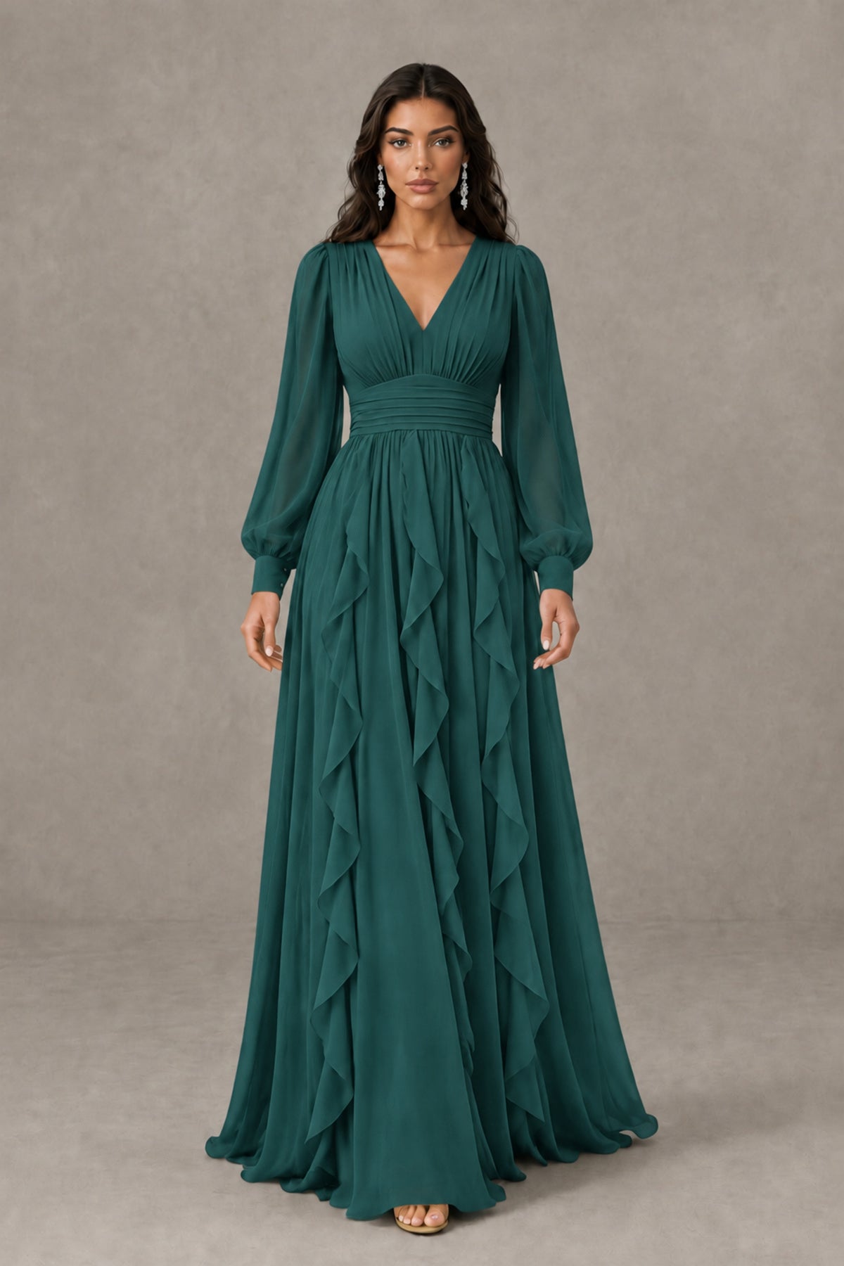 BOLODOO Teal Long Sleeve V-Neck Ruffle Maxi Dress - Teal - Teal (2)