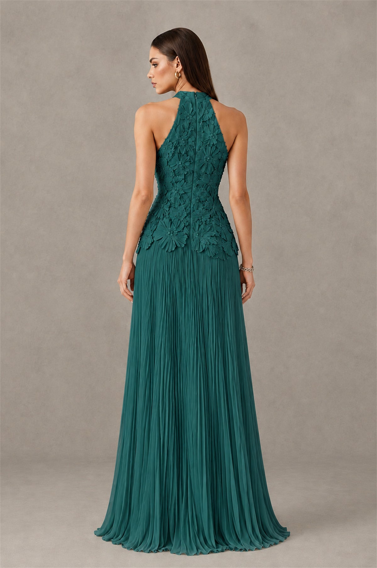 BOLODOO Teal 3D Floral Applique Halter Neck Open Back Pleated Maxi Dress - Teal