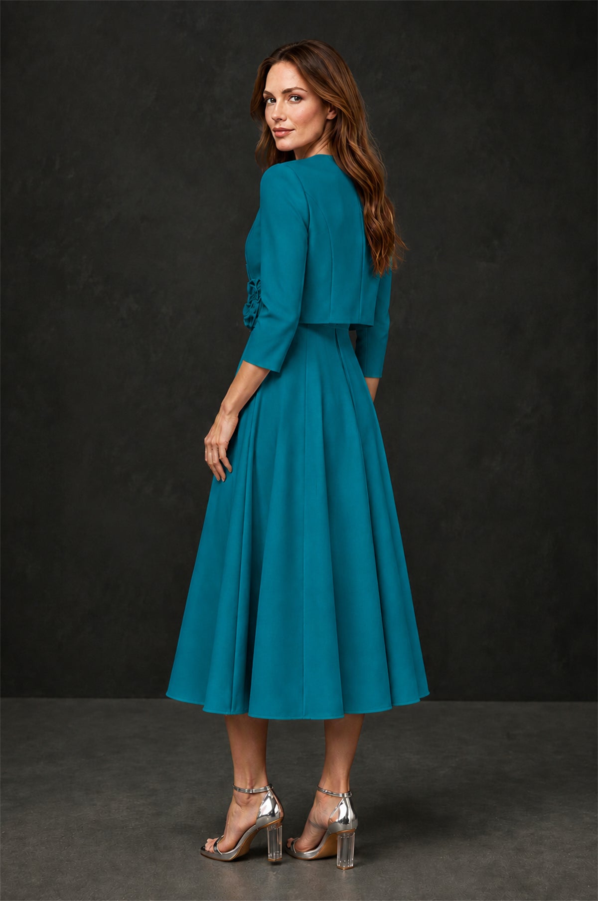 BOLODOO Teal 3D Rosette Appliqué 3/4 Sleeve Jacket & V-Notch Sleeveless A-Line Tea-Length Two-Piece Dress Set - Teal