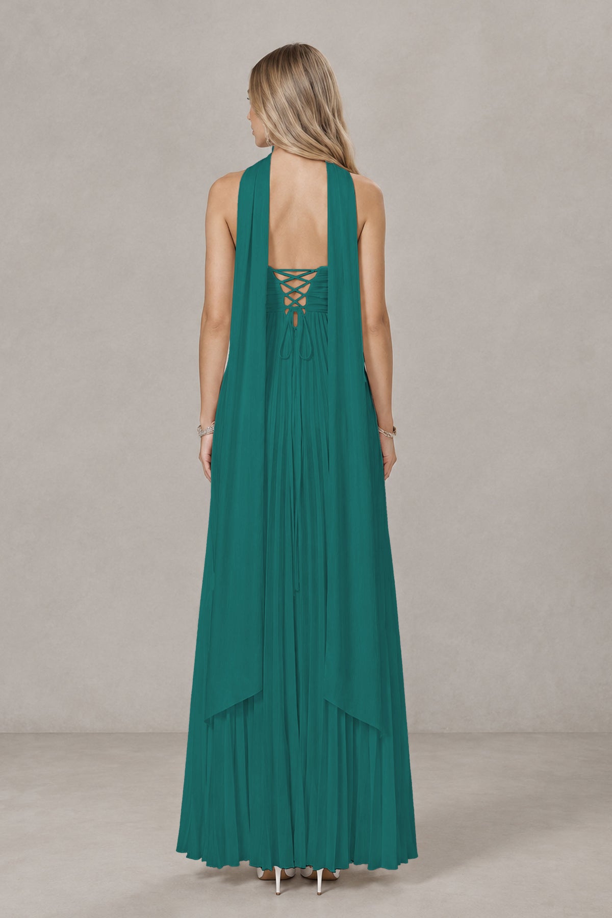 BOLODOO Teal Strapless Chiffon-Look Maxi Dress with Lace-Up Back & Cape - Teal