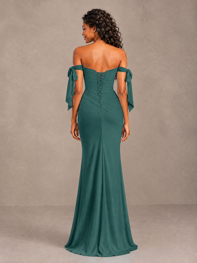 Teal Off-Shoulder Bow Bridesmaid Dress with Slit - Teal - Teal (2)