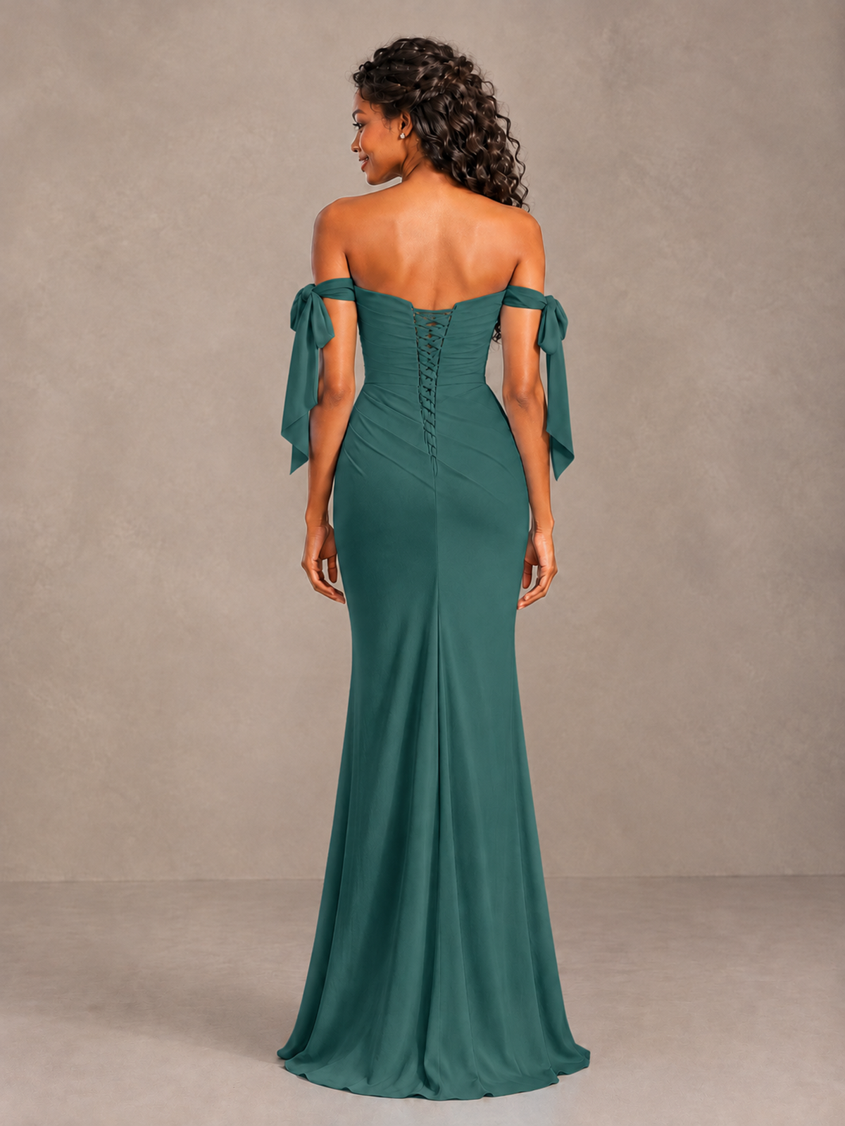 Teal Off-Shoulder Bow Bridesmaid Dress with Slit - Teal - Teal (2)