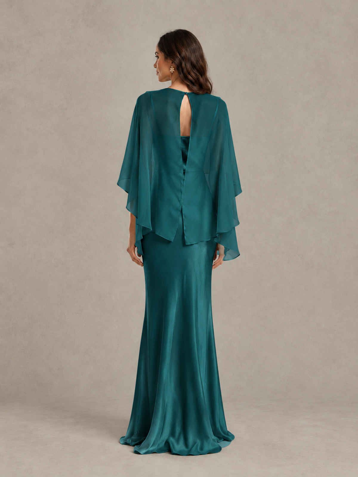 BOLODOO Teal Satin Mermaid Bridesmaid Dress with Chiffon Cape - Teal - Teal (2)