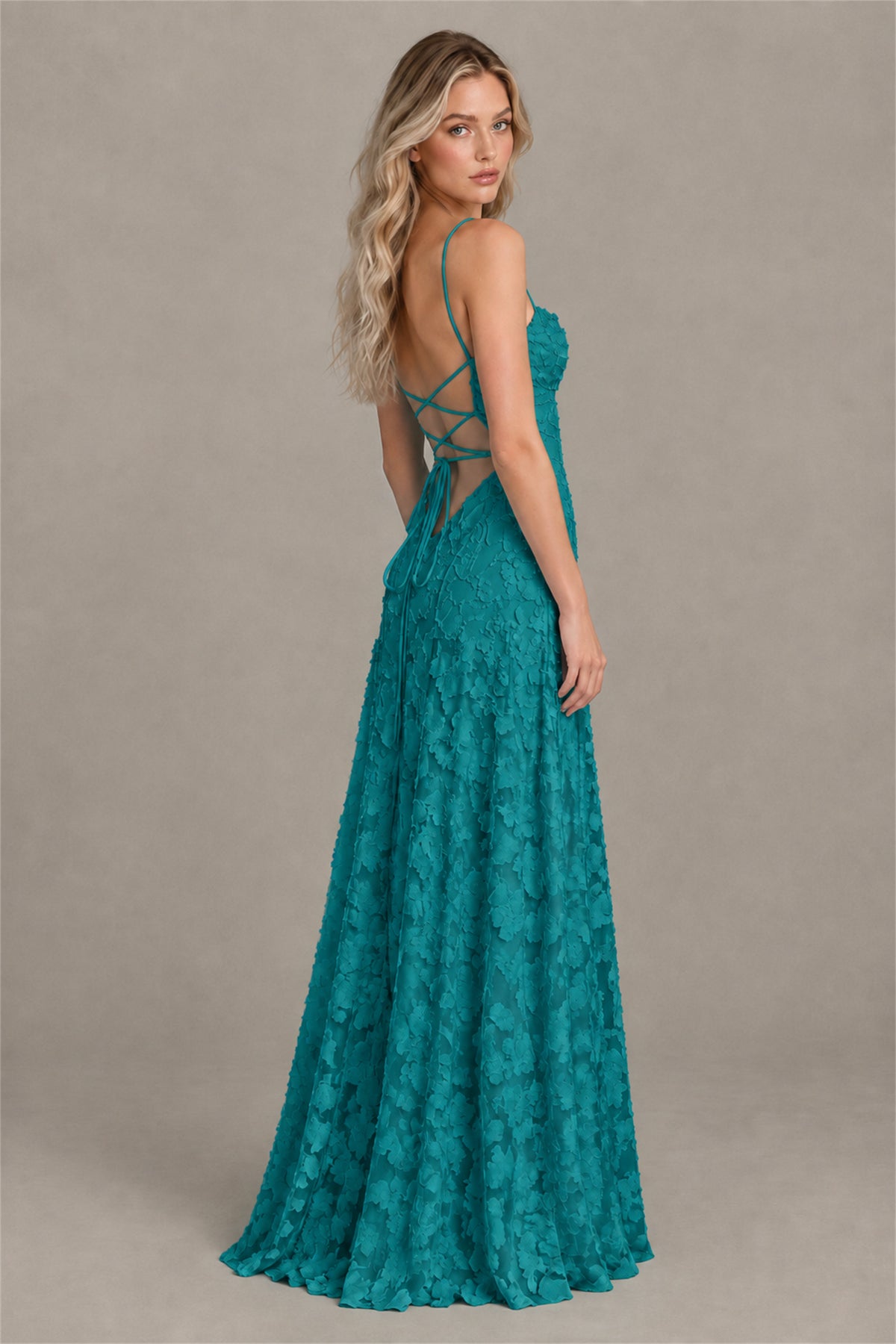 BOLODOO Teal Floral Appliqué Lace-Up Back Maxi Dress - Teal