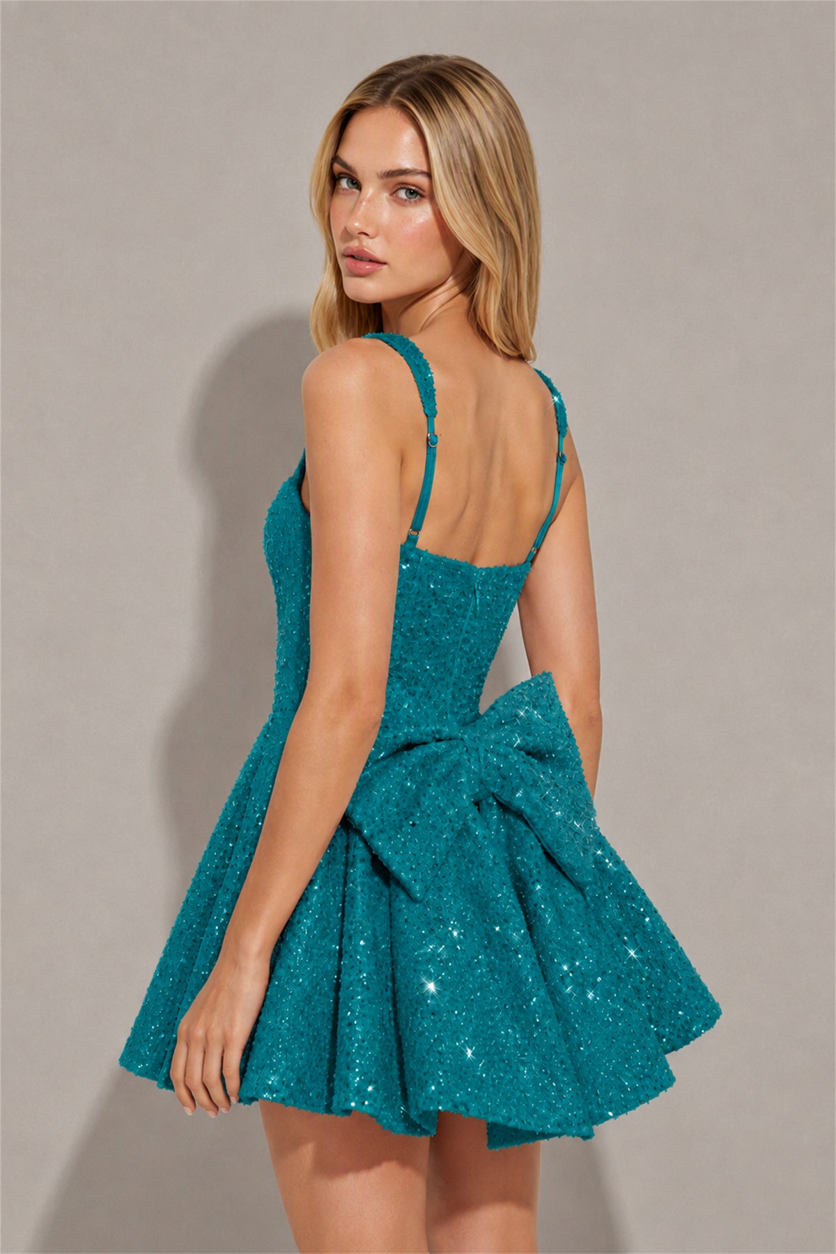 BOLODOO Teal Sequin Square Neck Wide Strap Bow Waist Open Back Fit and Flare Mini Dress | Prom Birthday Party Dress - Teal