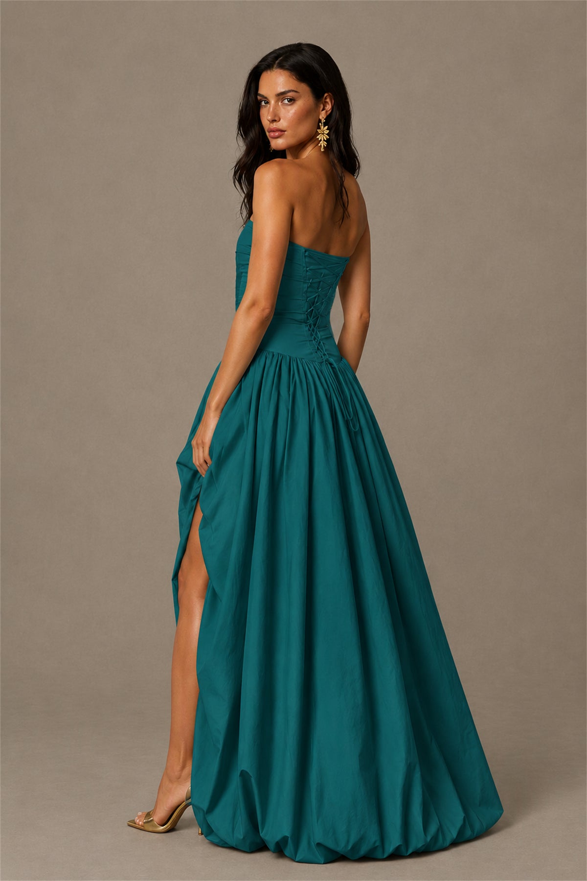 BOLODOO Teal Strapless Ruched Corset Lace-Up Back Bubble Skirt High Slit Taffeta Maxi Dress - Teal