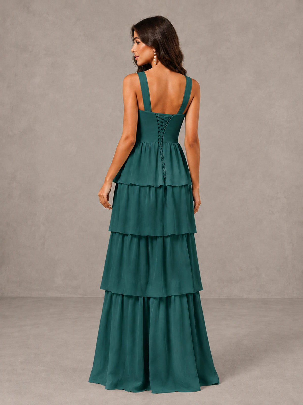 BOLODOO Teal Square Neck Tiered Bridesmaid Dress with Slit - Teal - Teal (2)