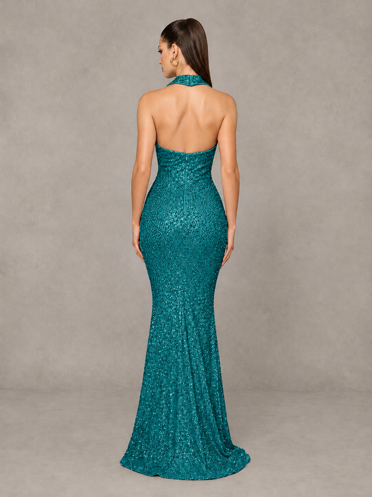 BOLODOO Teal Sequin Halter Mermaid Evening Gown - Teal - Teal (2)