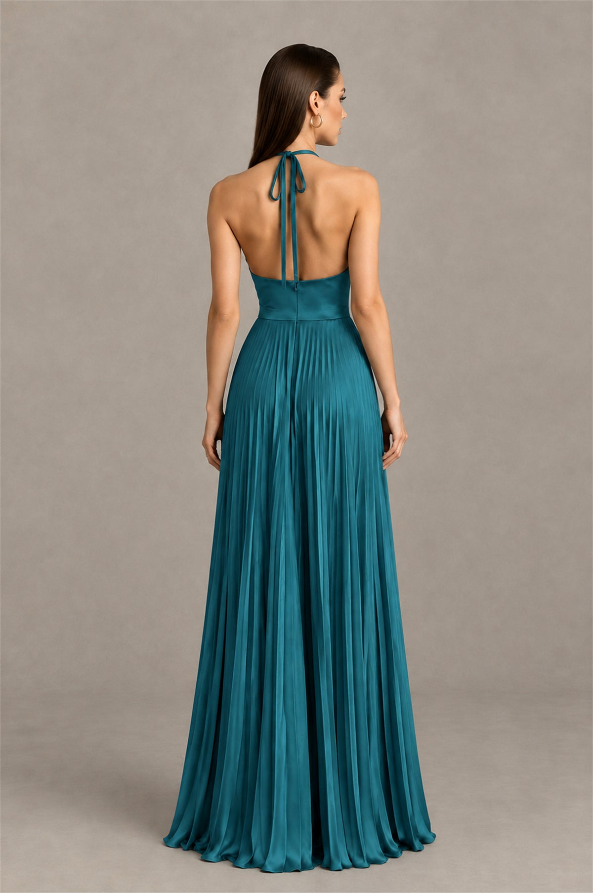BOLODOO Teal Halter Pleated A-Line Evening Dress - Teal - Teal (2)