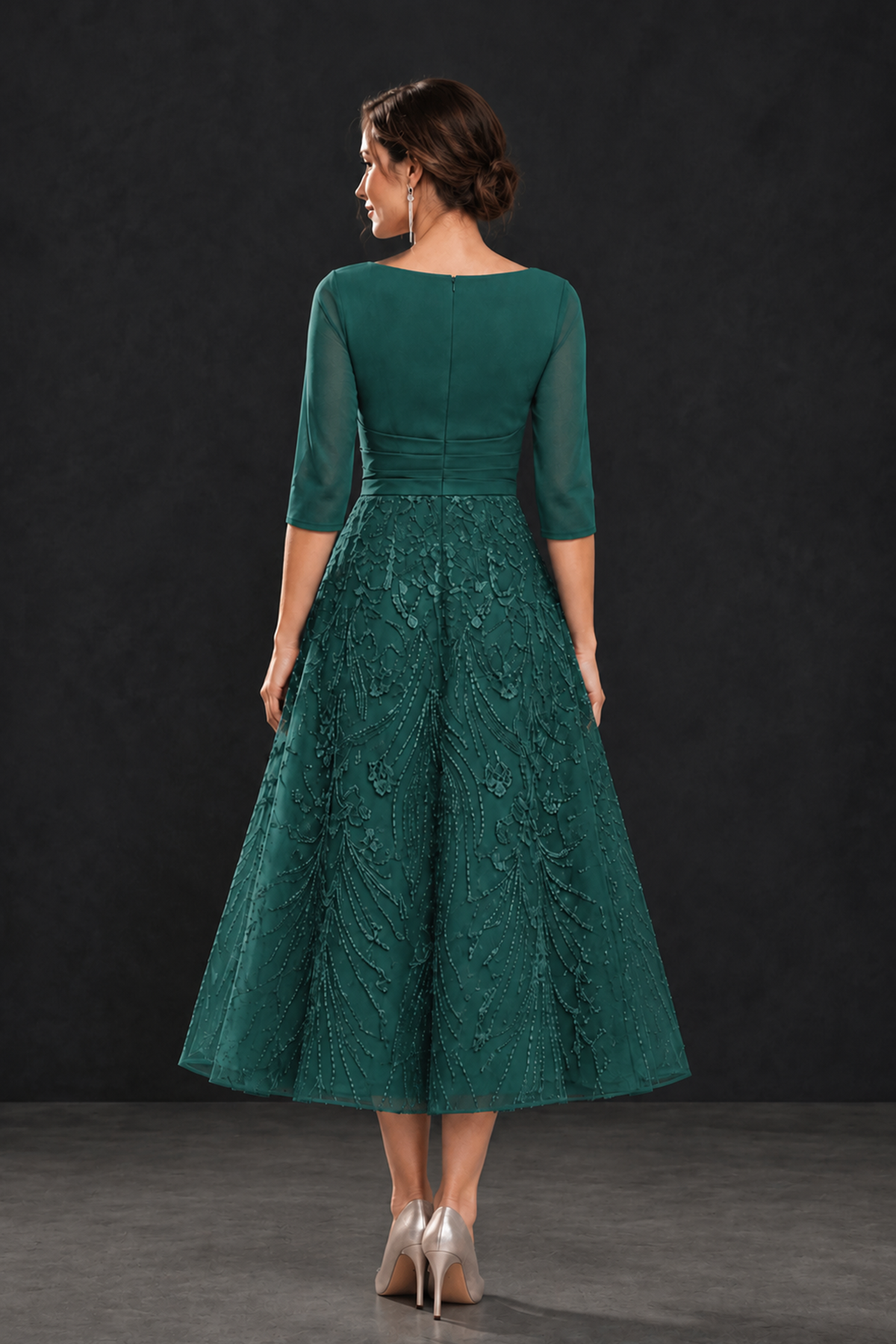 BOLODOO Teal V-Neck Tea-Length Lace Mother of the Bride Dress - Teal