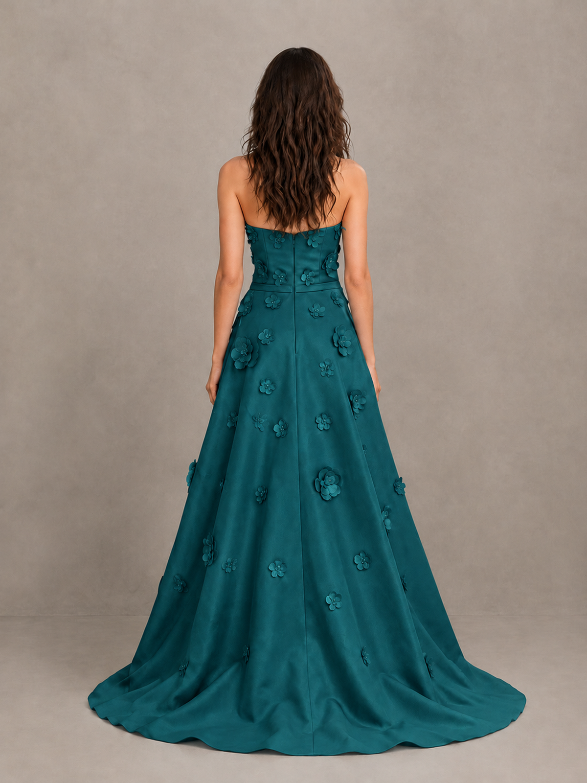 BOLODOO Teal Strapless 3D Floral Applique Prom Gown with Draped Skirt - Teal - Teal (2)
