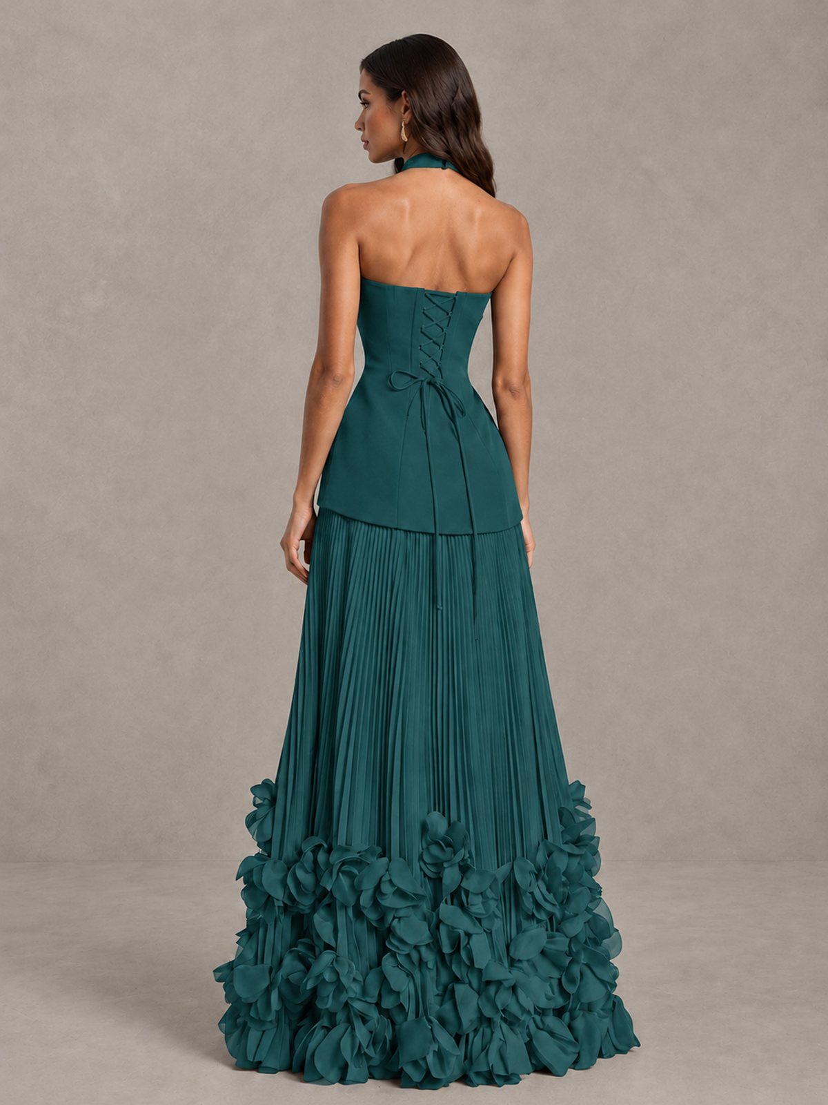 BOLODOO Teal Halter Neck Floor-Length Evening Gown with High Slit & 3D Floral Hem - Teal - Teal (2)