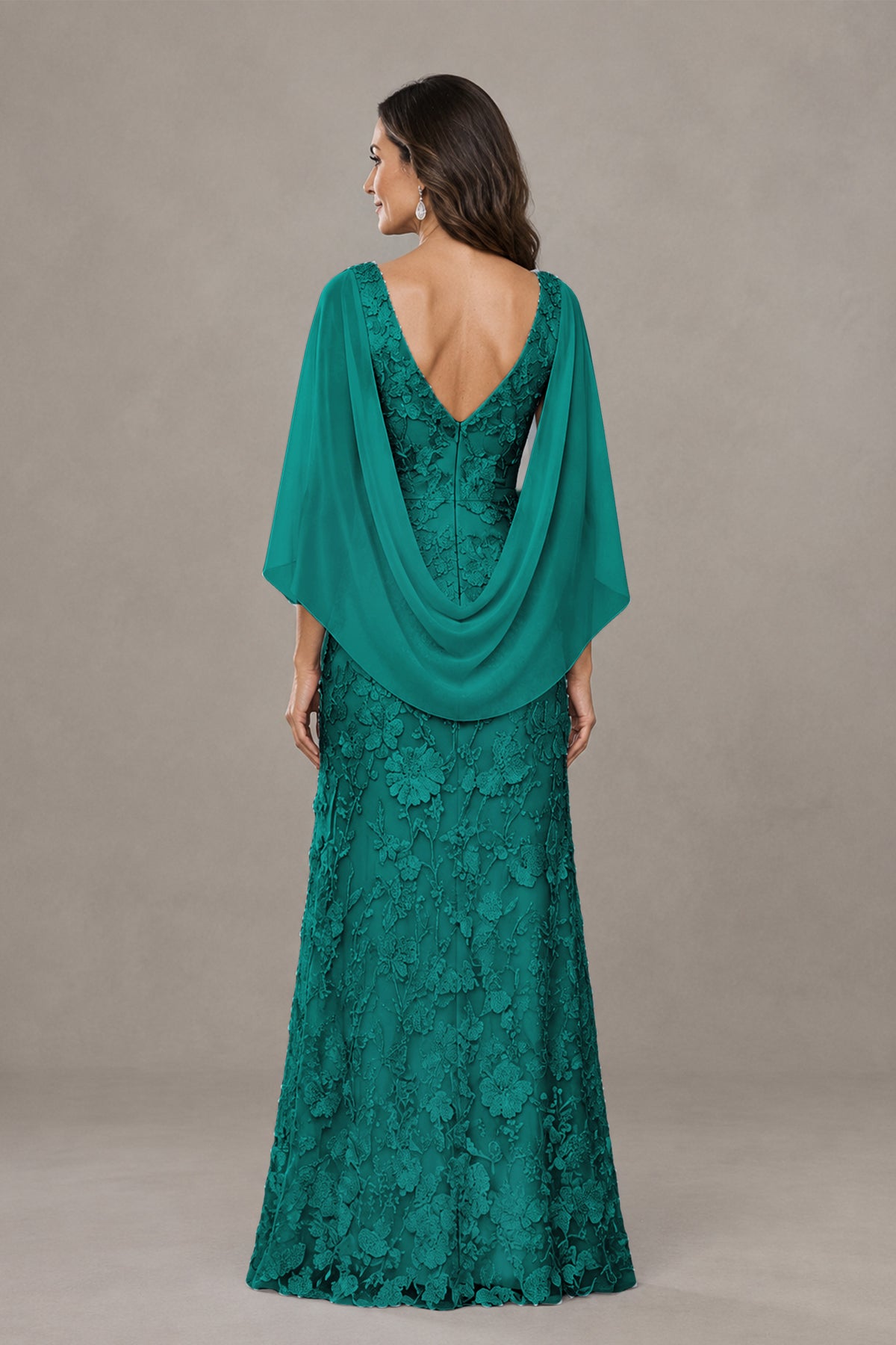 BOLODOO Teal Lace Mother of the Bride Dress with Cape Sleeves - Teal