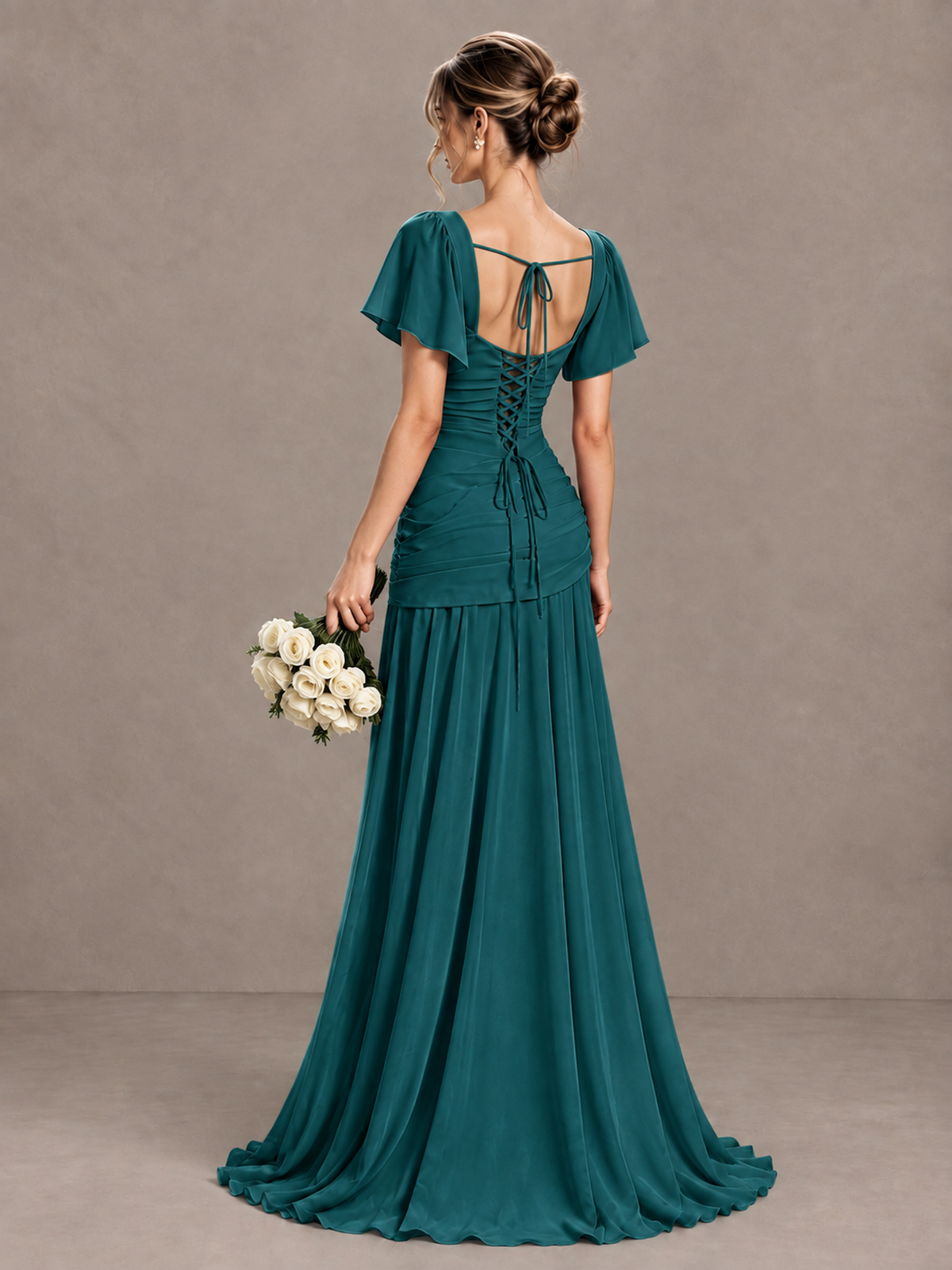 BOLODOO Teal Flutter Sleeve Lace-Up Back Maxi Dress - Teal