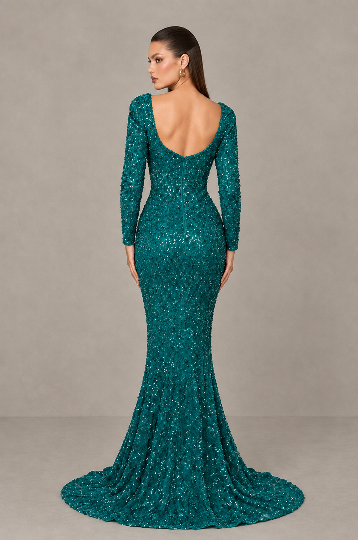 BOLODOO Teal Sequin Long Sleeve Evening Gown with High Slit - Teal - Teal (2)