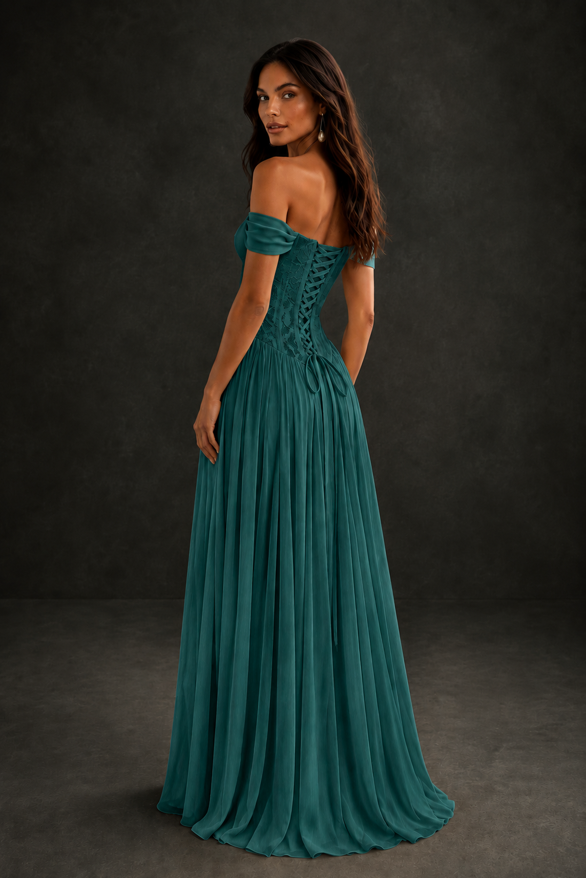BOLODOO Teal Off-Shoulder Lace Corset Tulle Maxi Dress - Teal