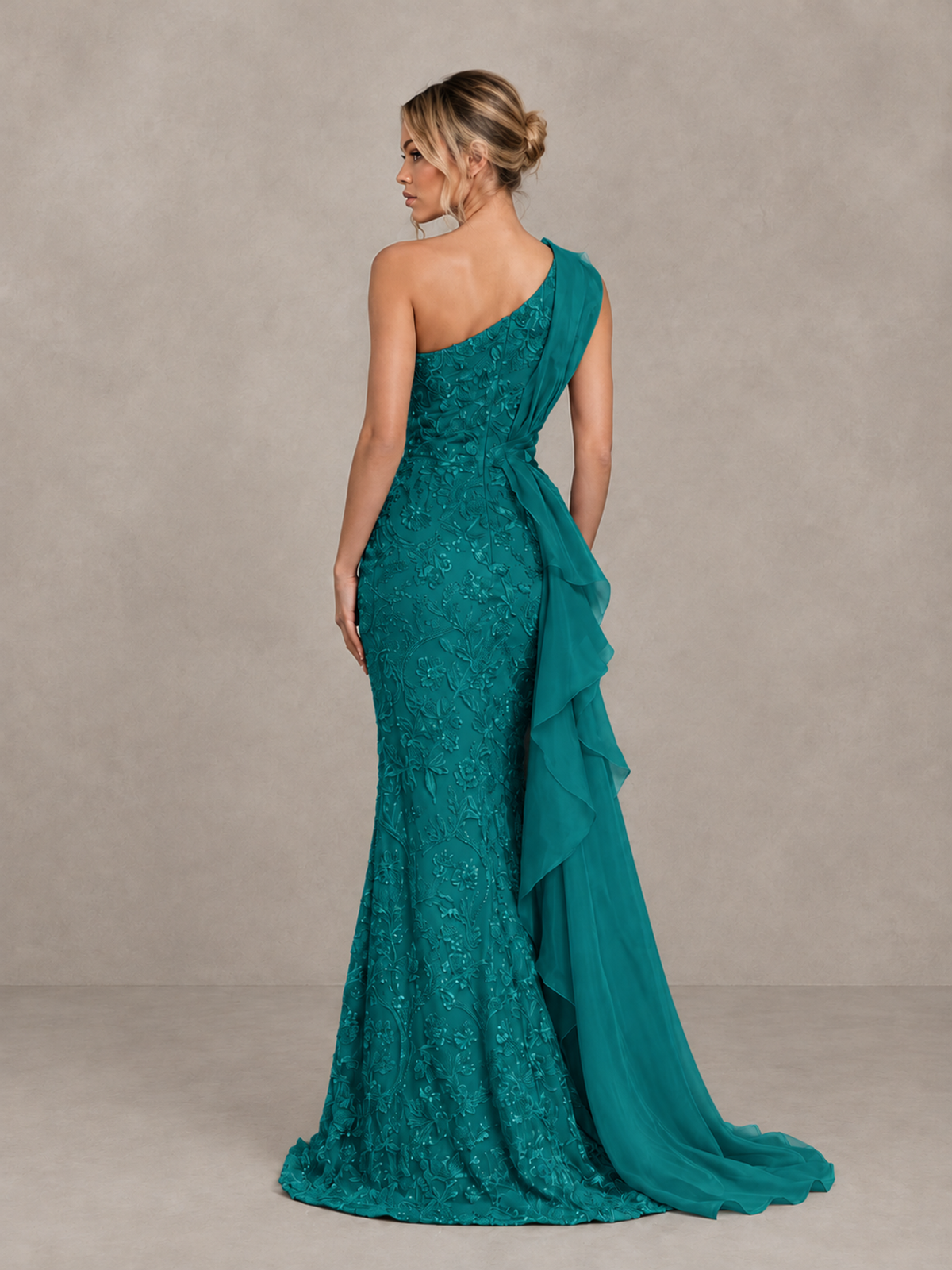 BOLODOO Teal One-Shoulder Floral Lace Evening Gown with High Slit - Teal - Teal (2)