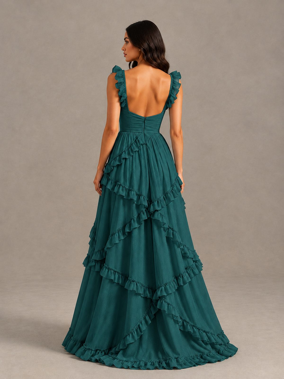 BOLODOO Teal Ruffle A-Line Prom Dress with Open Back - Teal - Teal (2)
