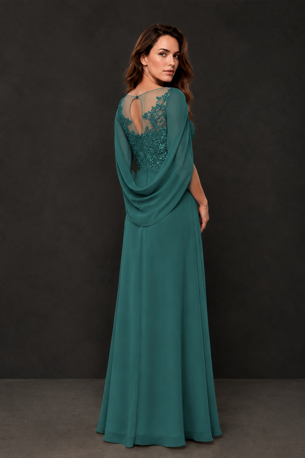 BOLODOO Teal Illusion Lace One-Side Cape Sleeve Beaded Chiffon Floor Length Gown | Mother of the Bride Evening Dress - Teal