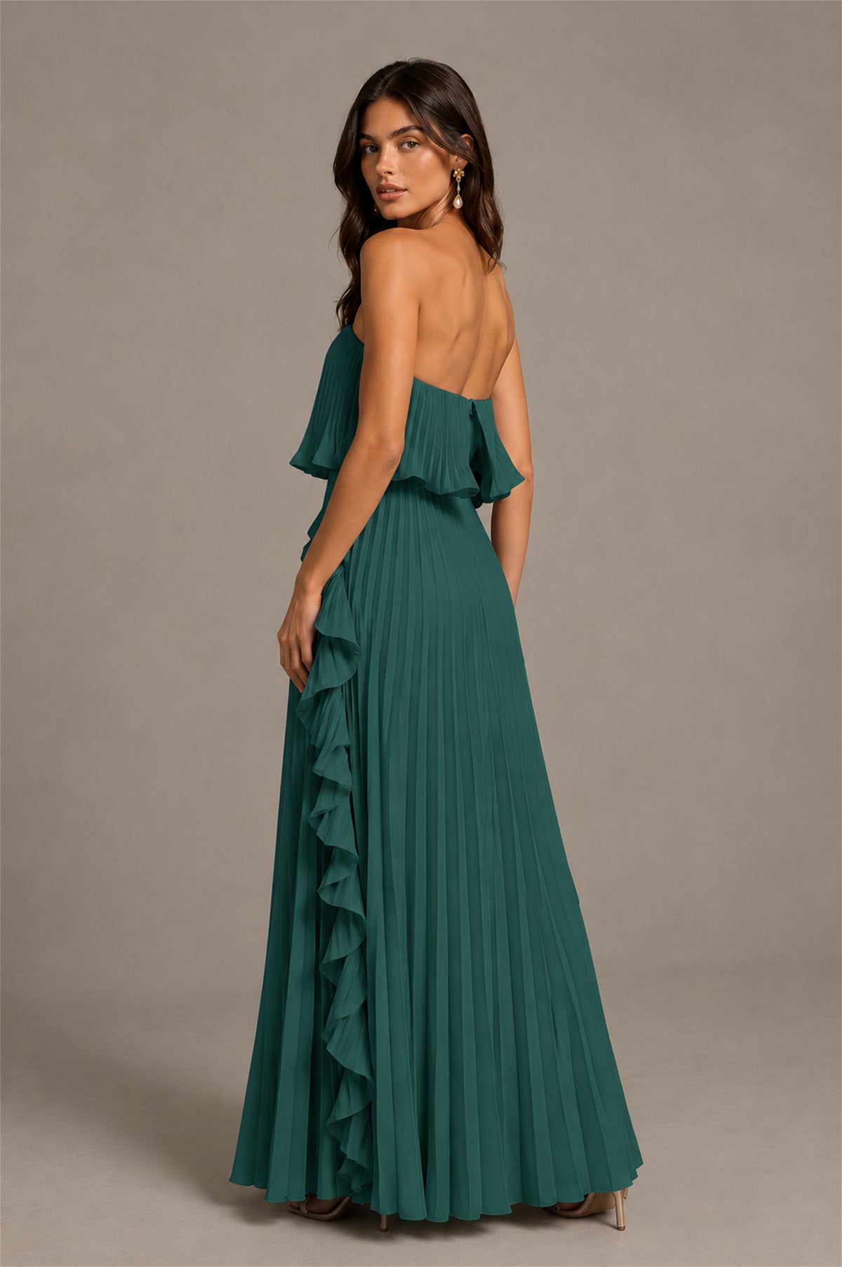 BOLODOO Teal Strapless Ruffle Bodice Dual Cascading Ruffle Accordion Pleated Chiffon Maxi Dress - Teal