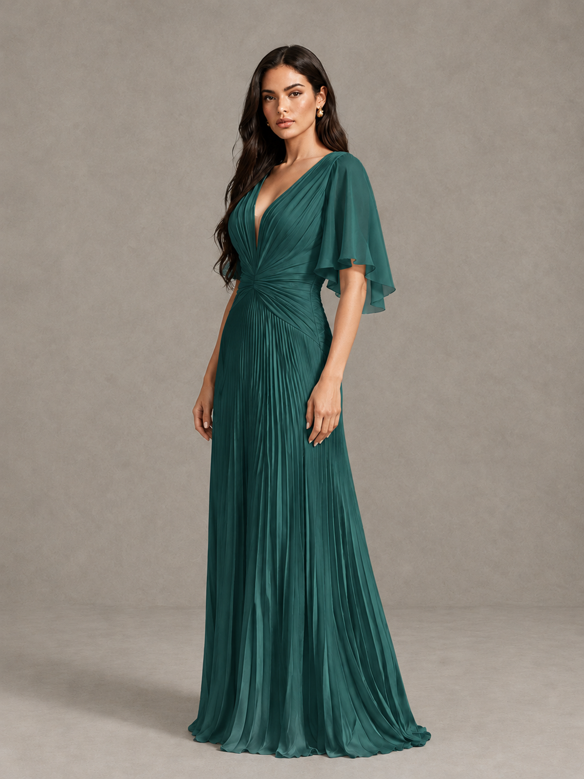 BOLODOO Teal Pleated V-Neck Flutter Sleeve Bridesmaid Dress - Teal - Teal (3)