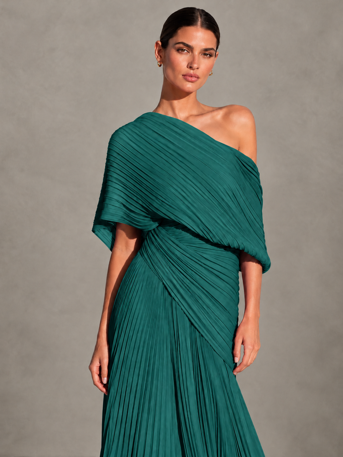 BOLODOO Teal One-Shoulder Pleated Cape Evening Gown with Train - Teal - Teal (3)