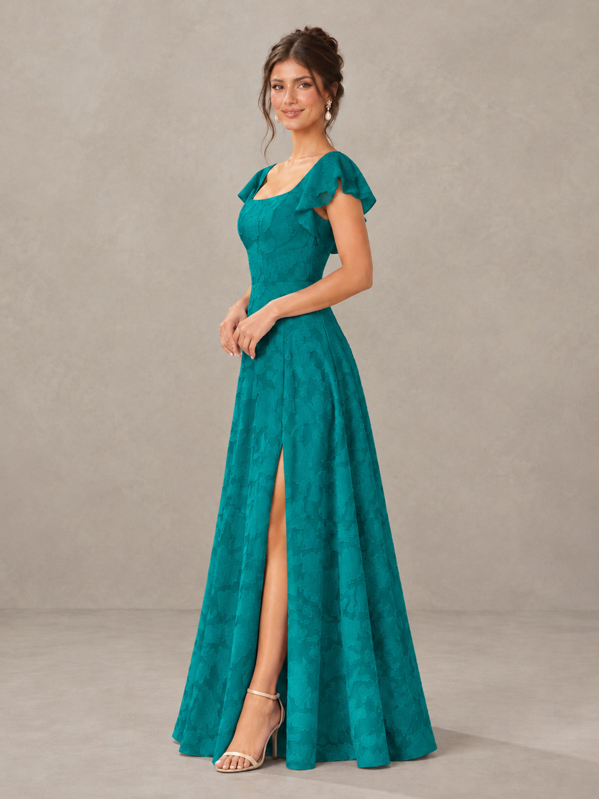 BOLODOO Teal Floral Flutter Sleeve Bridesmaid Dress with Slit - Teal - Teal (3)