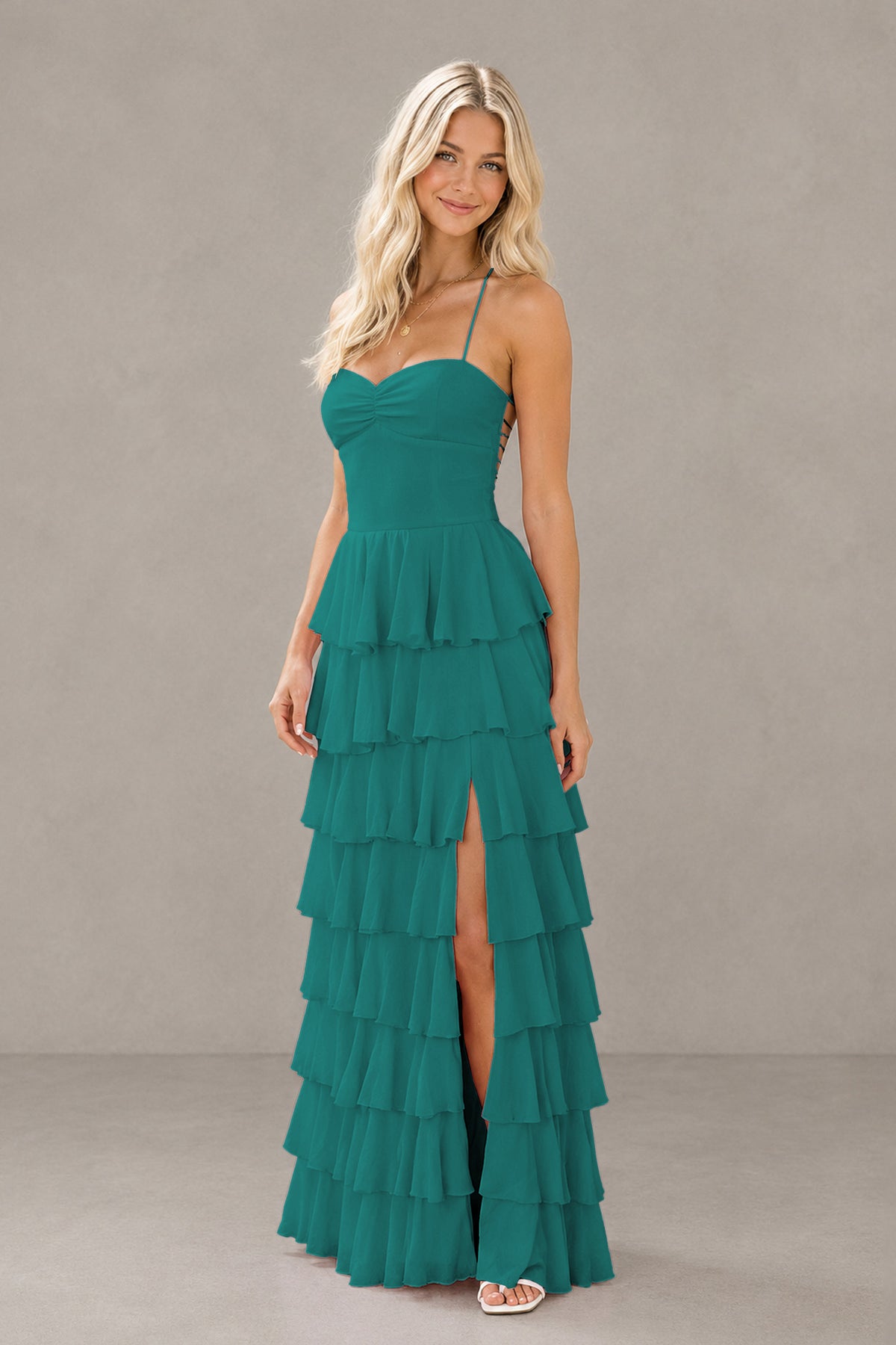 BOLODOO Teal Strapless Tiered Ruffle Maxi Dress with Slit & Lace-Up Back - Teal