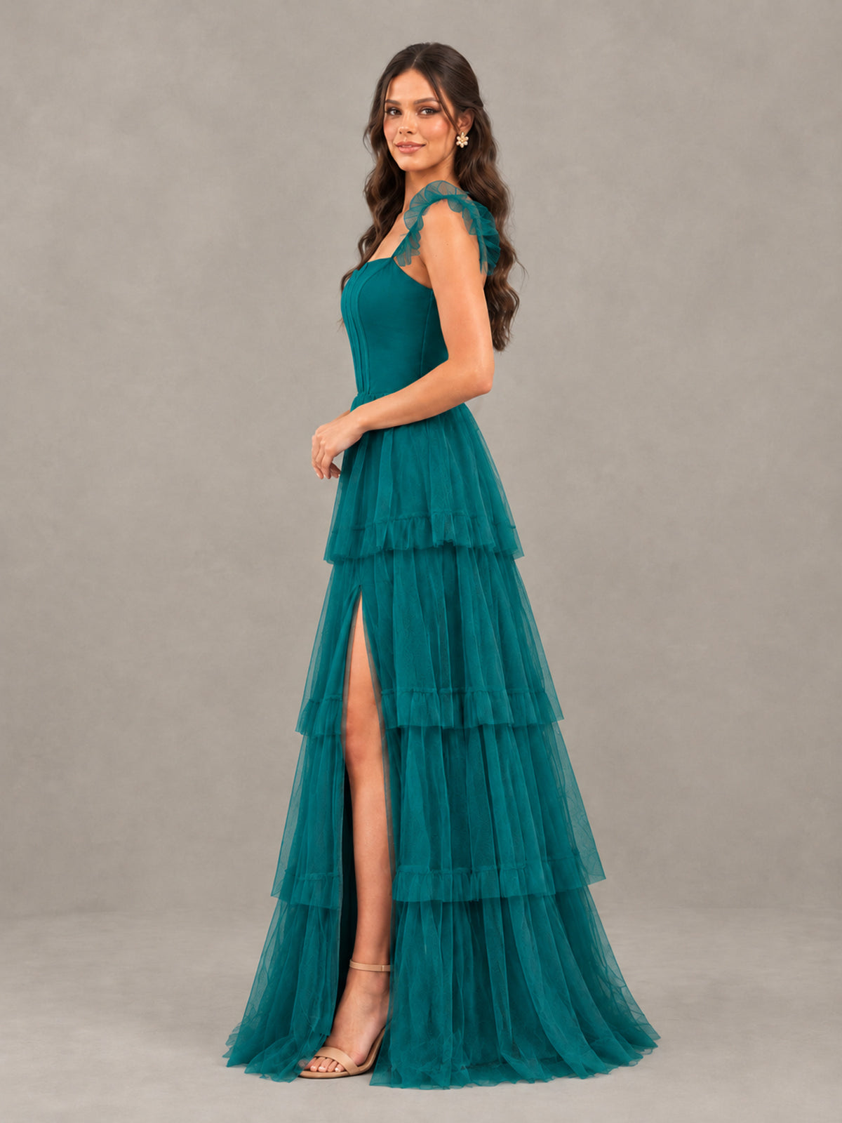 BOLODOO Teal Tiered Tulle Bridesmaid Dress with Slit - Teal - Teal (3)