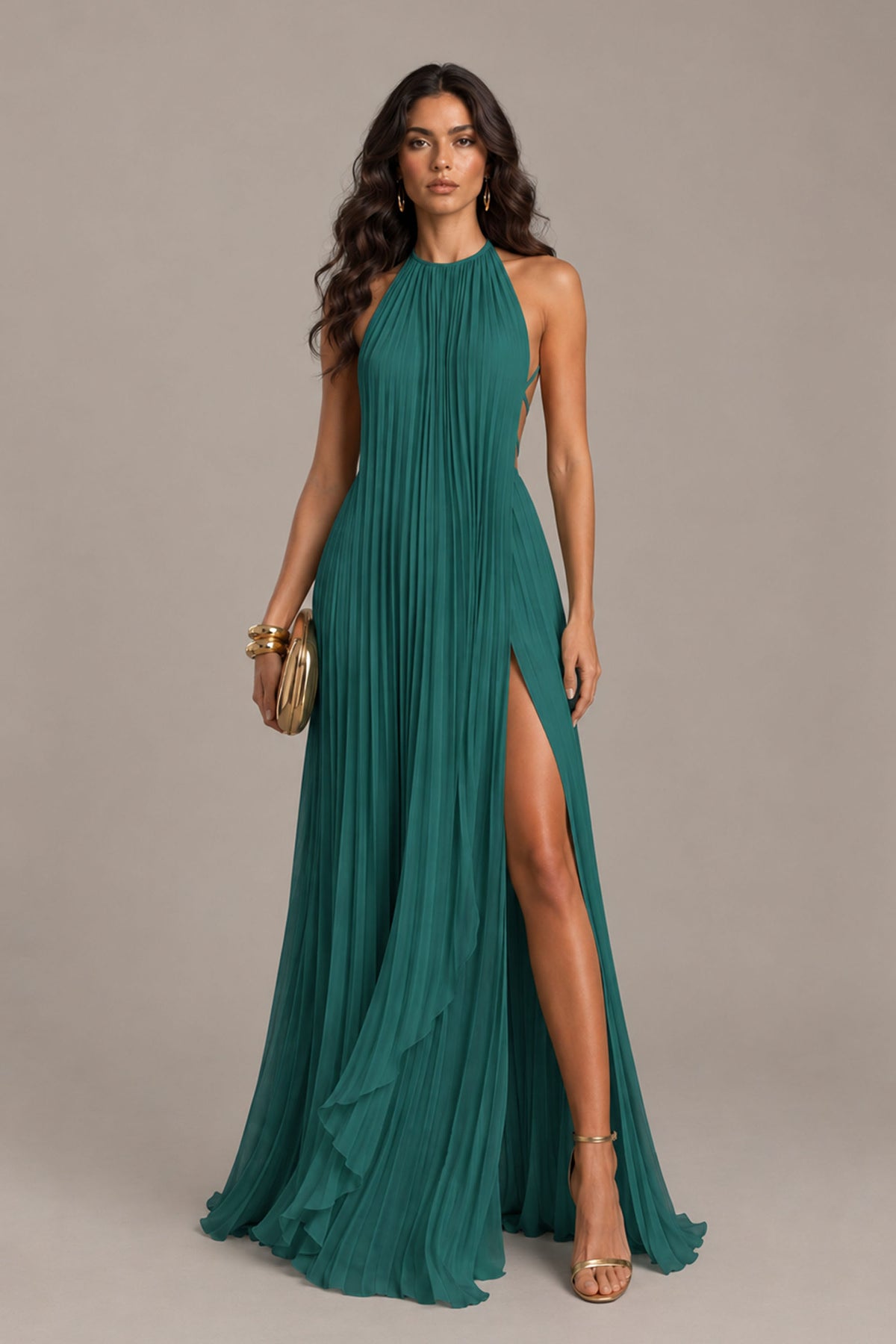 BOLODOO Teal Halter Neck Pleated Chiffon Maxi Dress with Side Slit - Teal