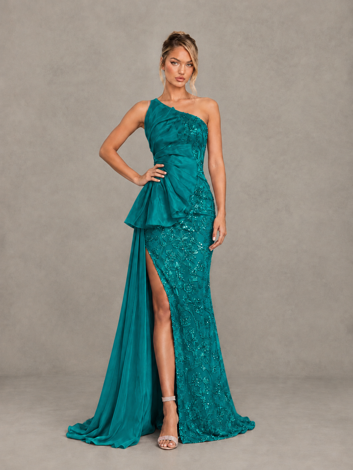 BOLODOO Teal One-Shoulder Floral Lace Evening Gown with High Slit - Teal - Teal (3)