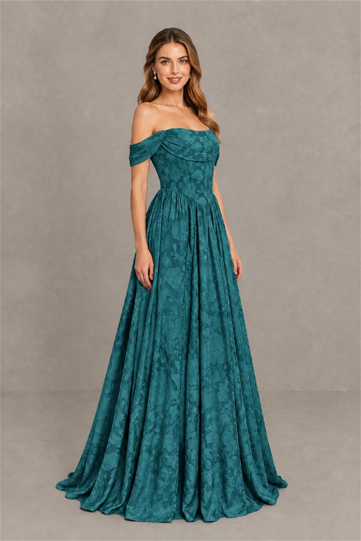 BOLODOO Teal Off-Shoulder Floral A-Line Maxi Dress - Teal