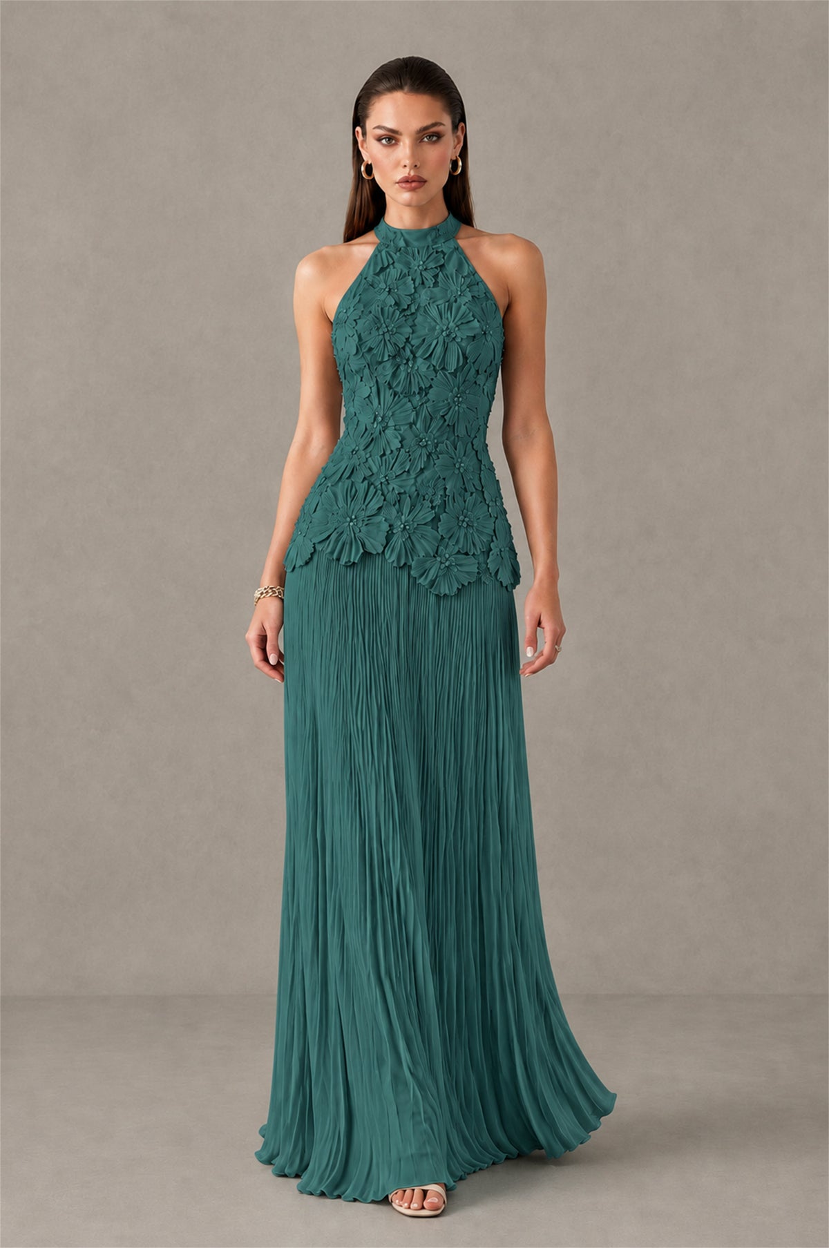 BOLODOO Teal 3D Floral Applique Halter Neck Open Back Pleated Maxi Dress - Teal
