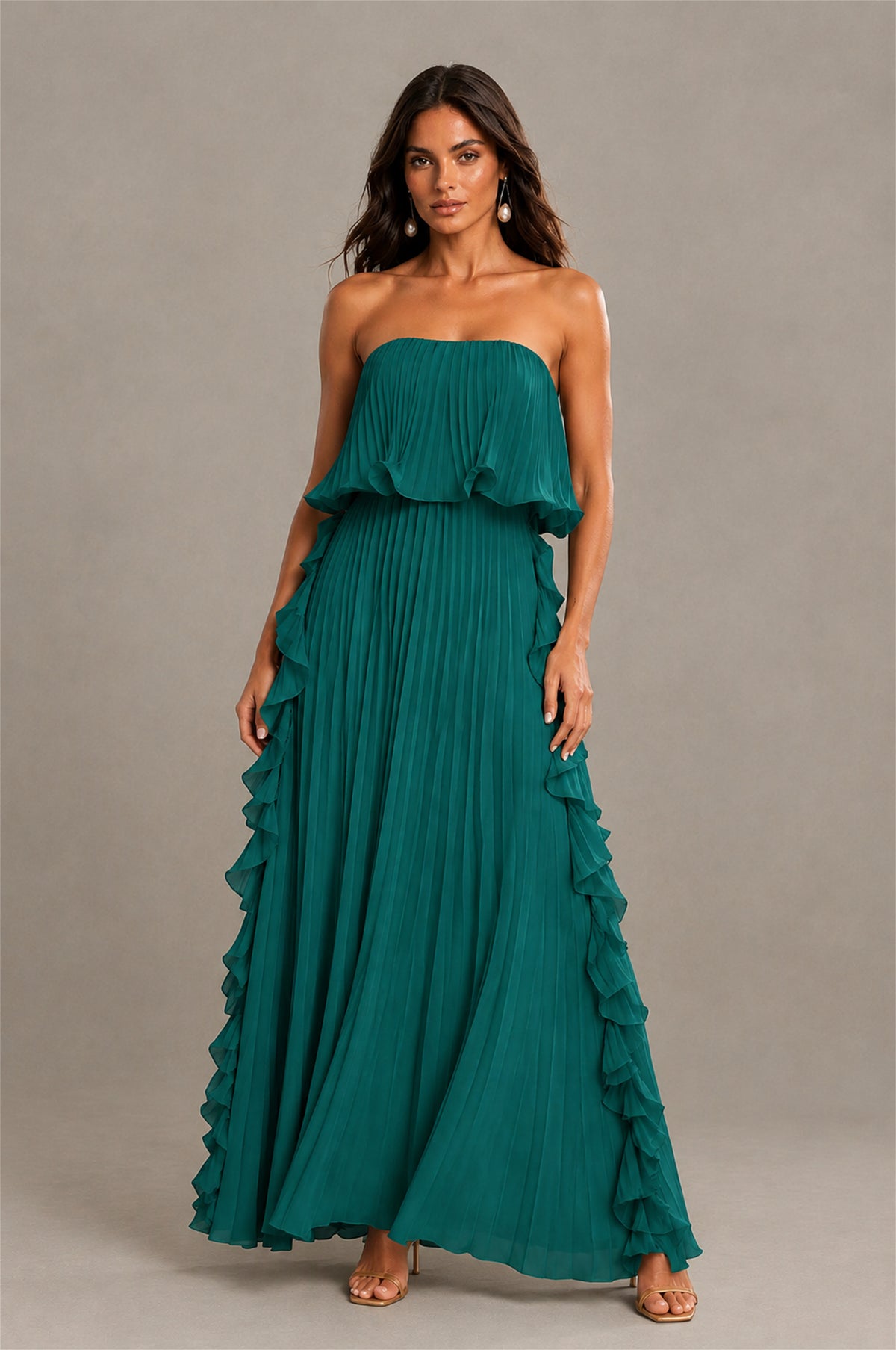 BOLODOO Teal Strapless Ruffle Bodice Dual Cascading Ruffle Accordion Pleated Chiffon Maxi Dress - Teal