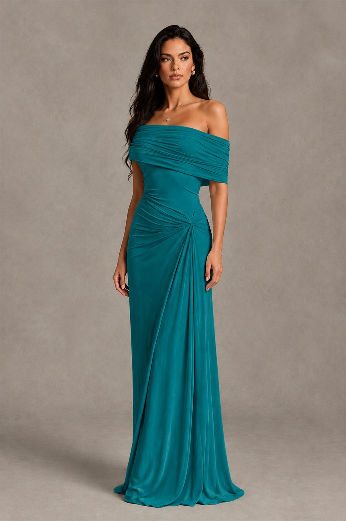 BOLODOO Teal Off-Shoulder Ruched Maxi Dress - Teal