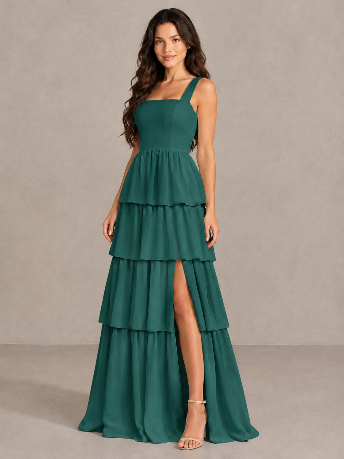 BOLODOO Teal Square Neck Tiered Bridesmaid Dress with Slit - Teal - Teal (3)