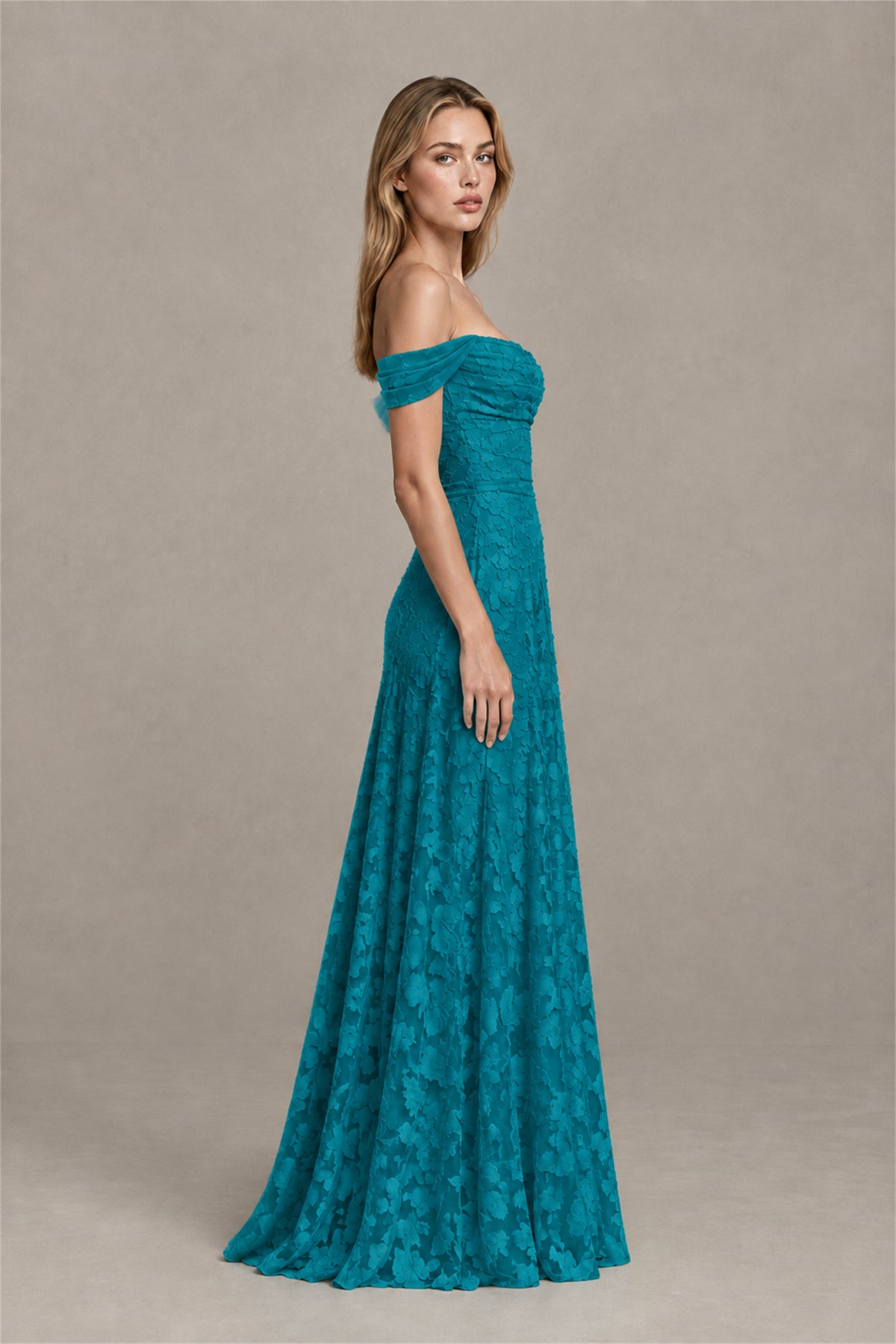 BOLODOO Teal Off-Shoulder Pleated A-Line Maxi Dress Floral - Teal