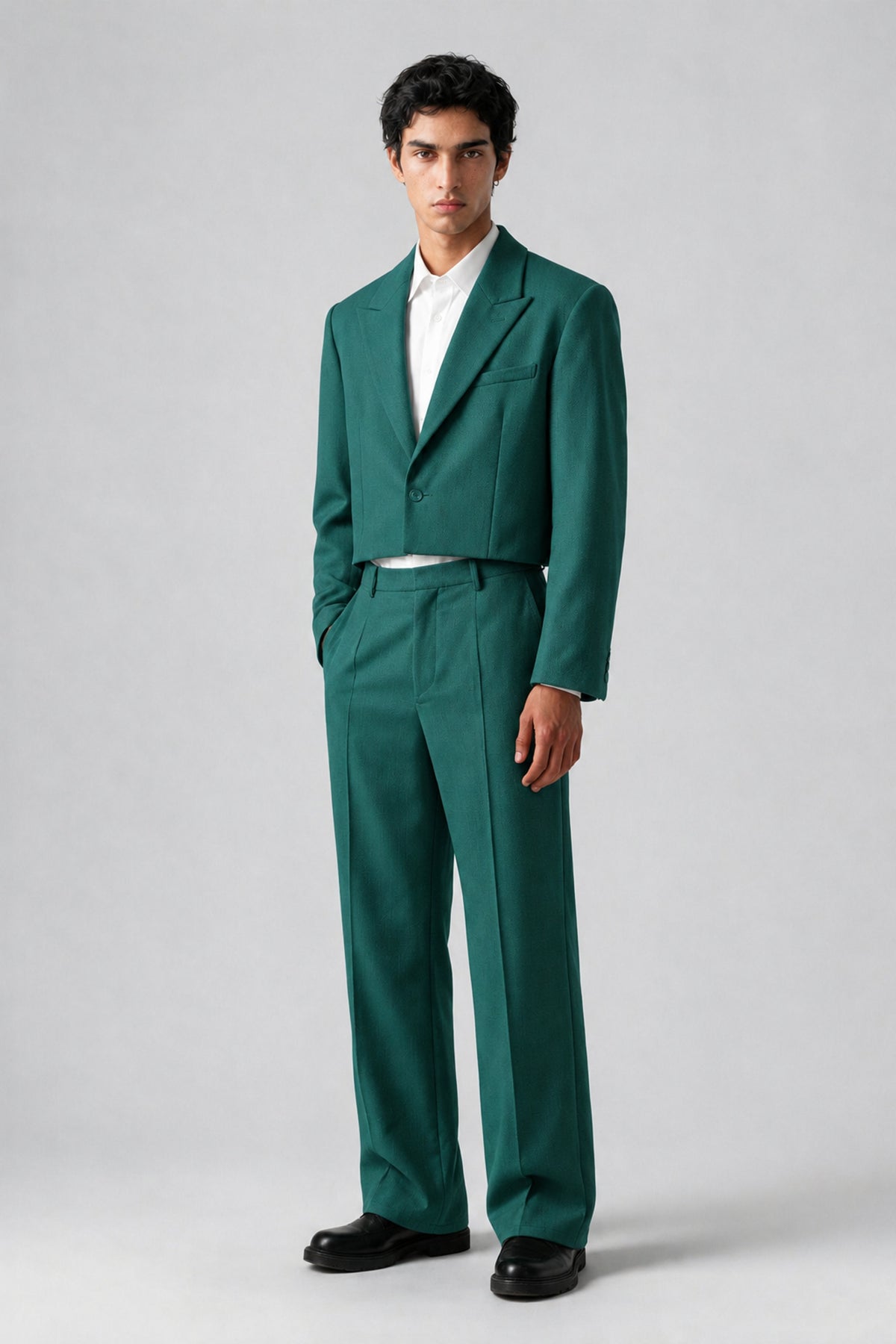 Bolodoo Men's Teal Cropped Blazer & Wide-Leg Trousers 2-Piece Suit - Teal - Teal (3)