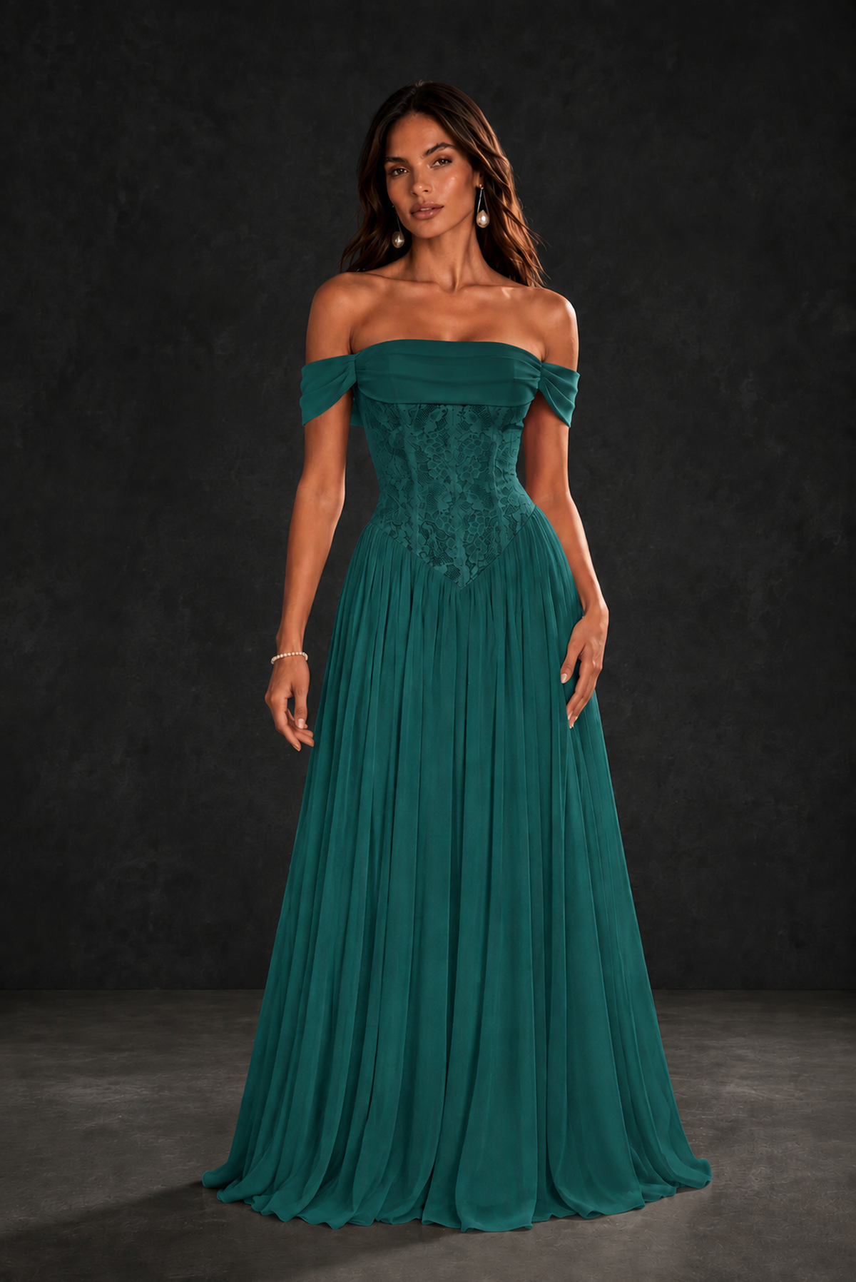 BOLODOO Teal Off-Shoulder Lace Corset Tulle Maxi Dress - Teal