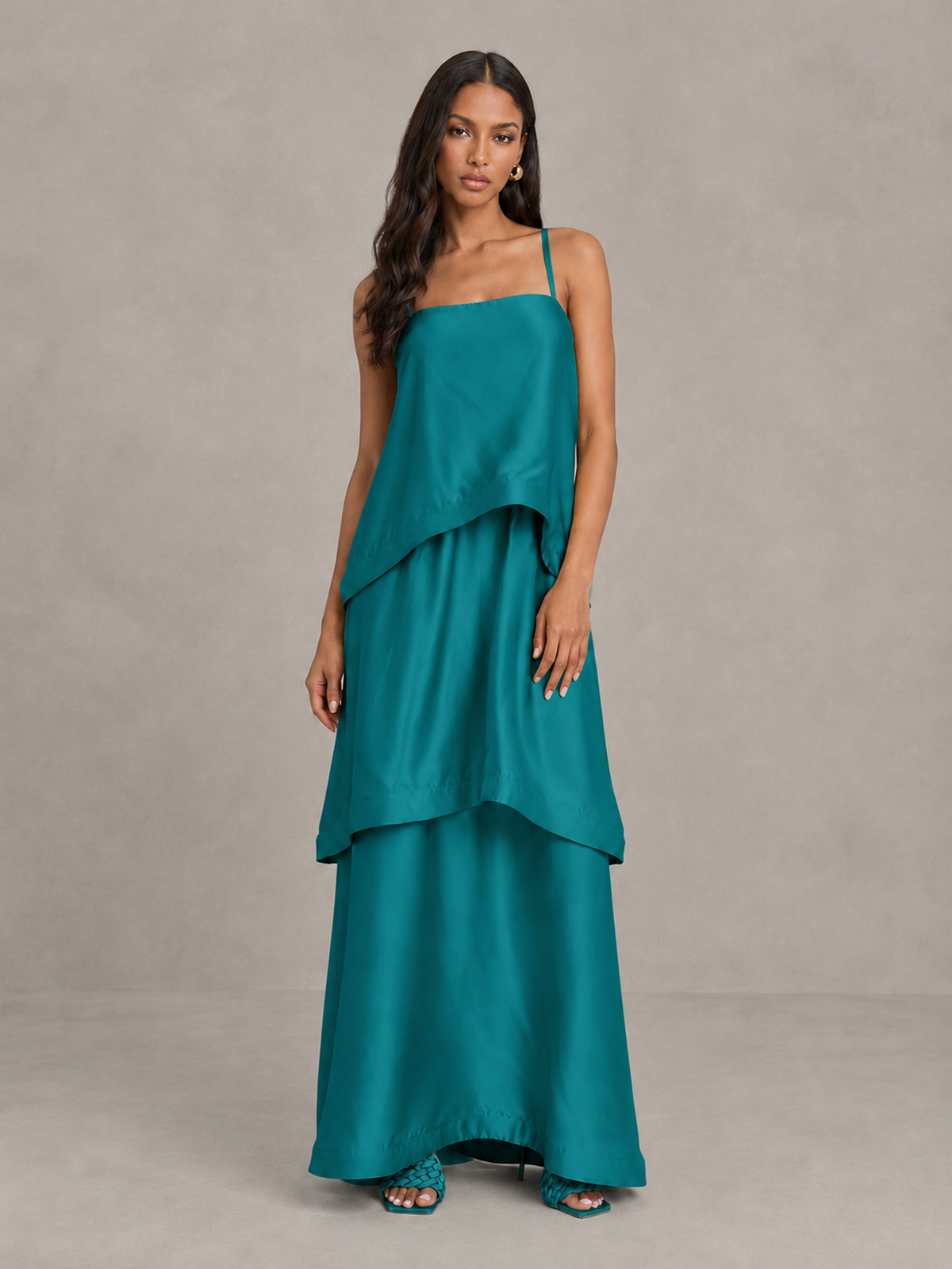 BOLODOO Teal Satin Tiered Maxi Dress with Spaghetti Straps - Teal