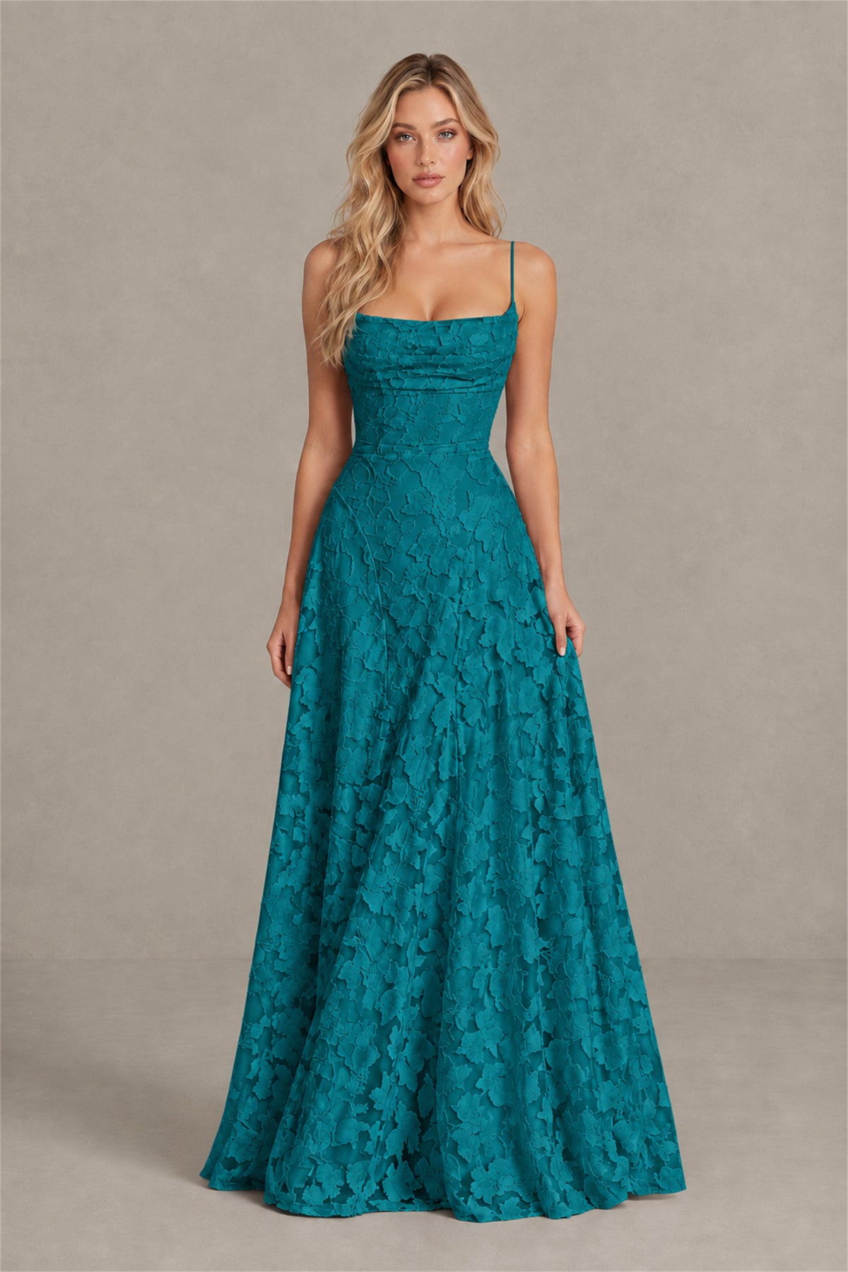BOLODOO Teal Floral Appliqué Lace-Up Back Maxi Dress - Teal