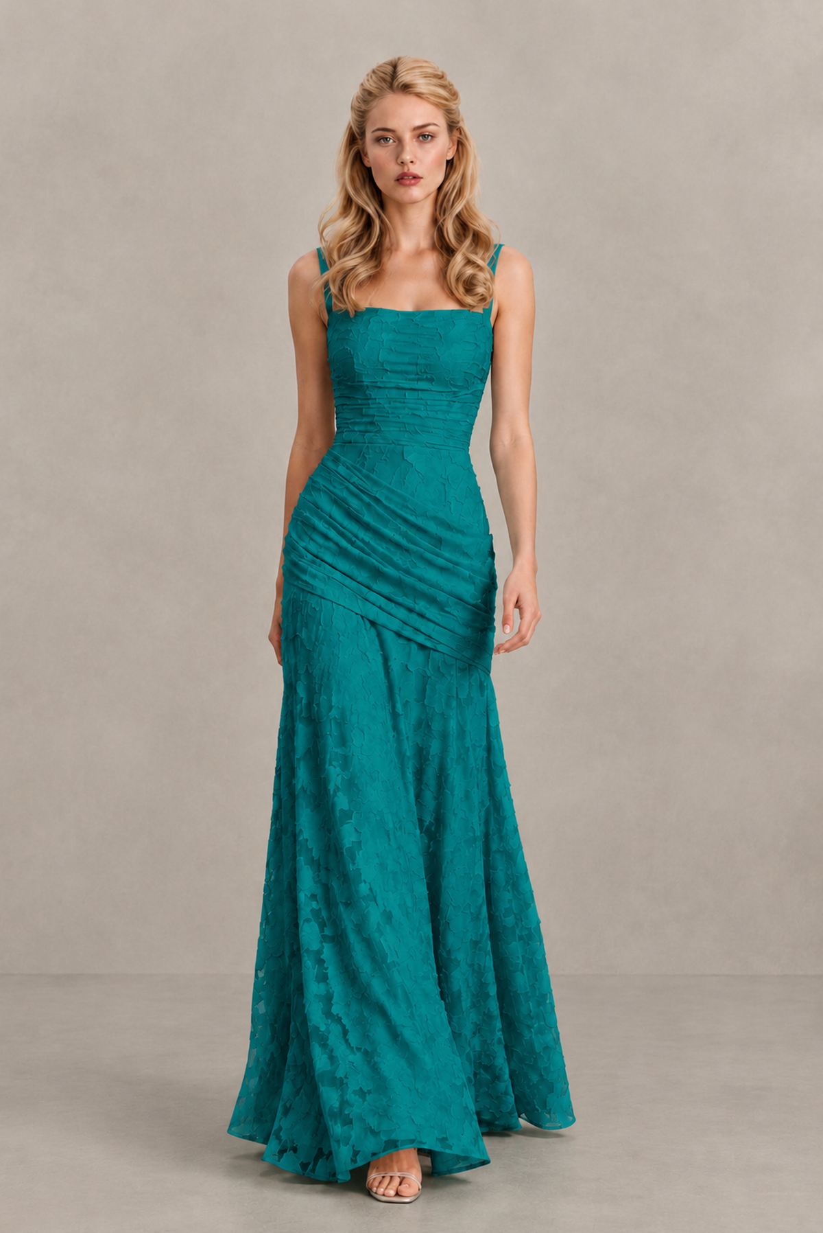 BOLODOO Teal Ruched Floral Maxi Dress with Lace-Up Back - Teal
