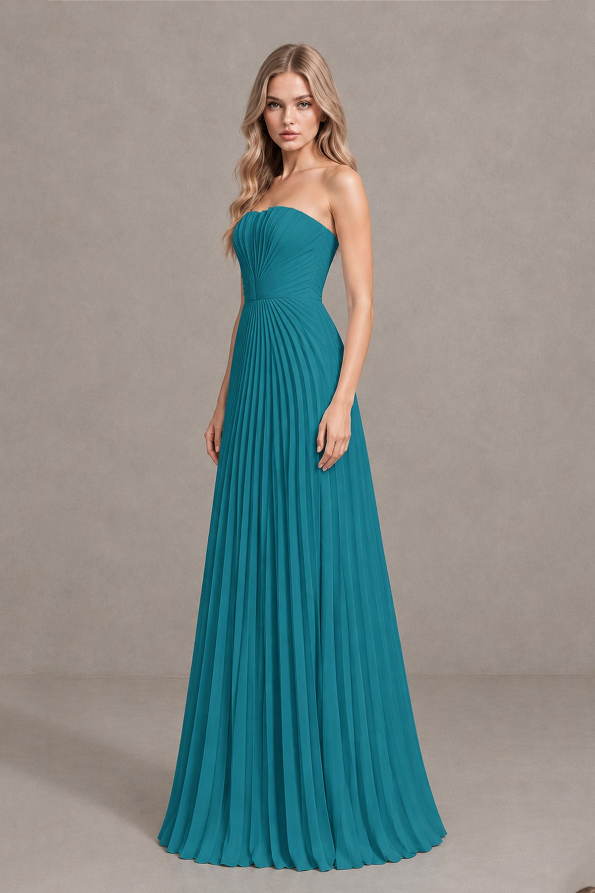 BOLODOO Teal Strapless Sunburst Pleated Twisted Knot Lace-Up Back Accordion Pleated Chiffon Maxi Dress - Teal