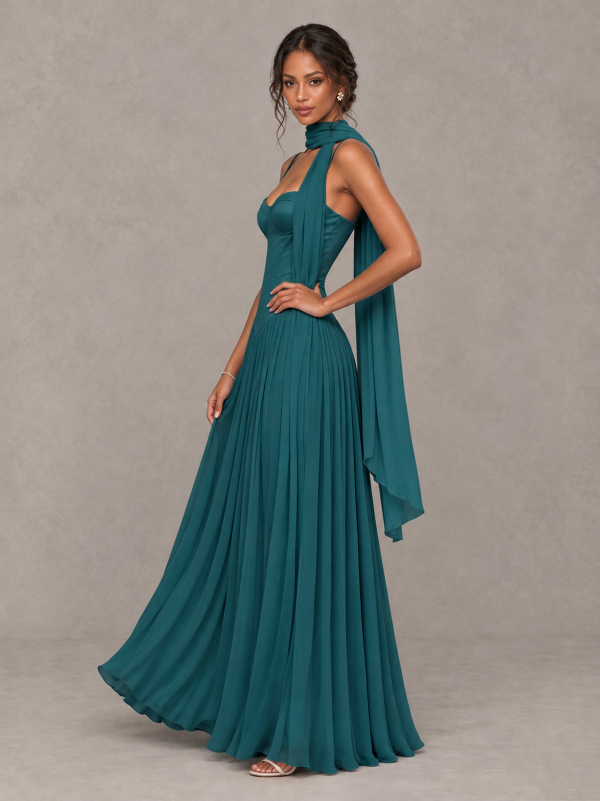 BOLODOO Teal Corset Bridesmaid Dress with Scarf - Teal - Teal (3)