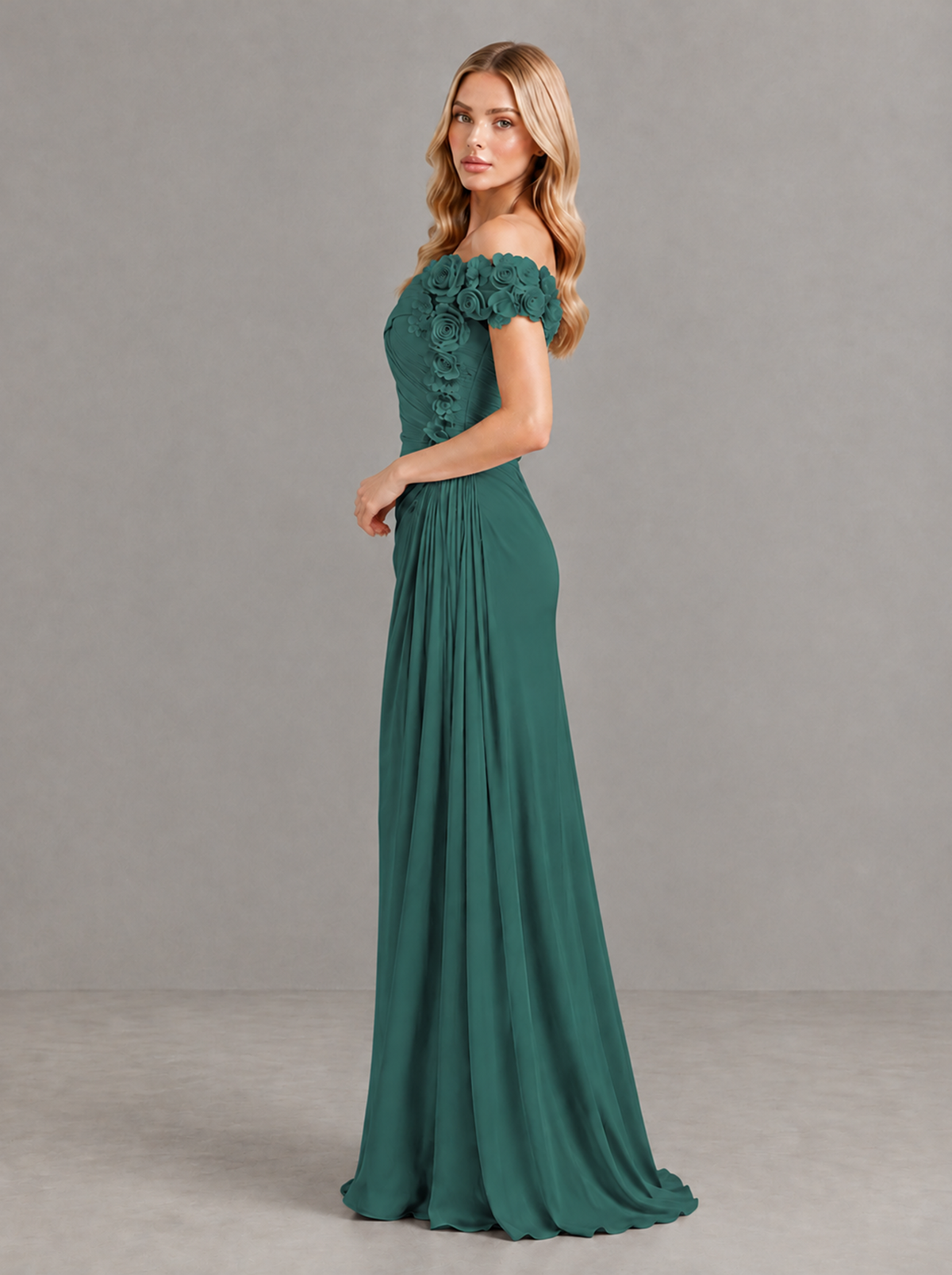 BOLODOO Teal Off-Shoulder Floral Applique Wedding Guest Maxi Dress - Teal - Teal (3)