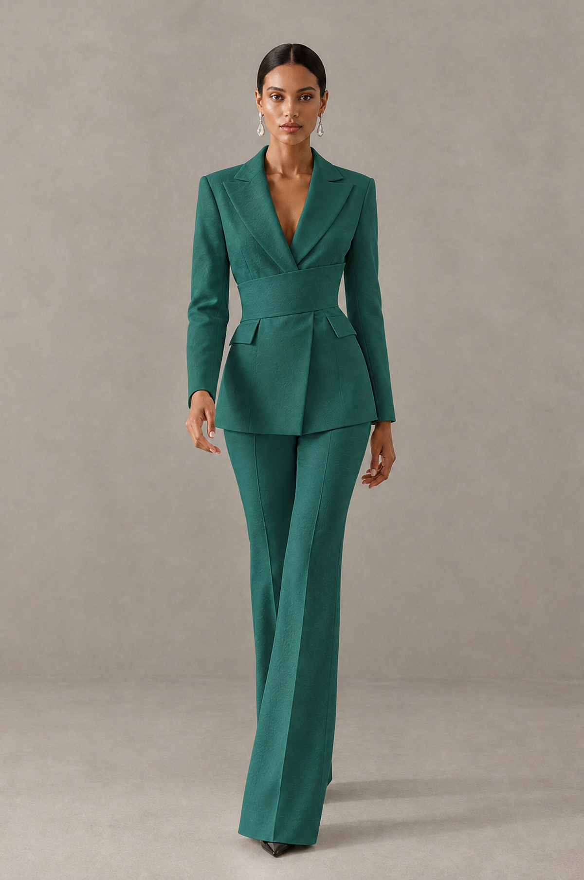 BOLODOO Teal Two-Piece Pantsuit with Tailored Blazer & Flared Pants - Teal - Teal (3)