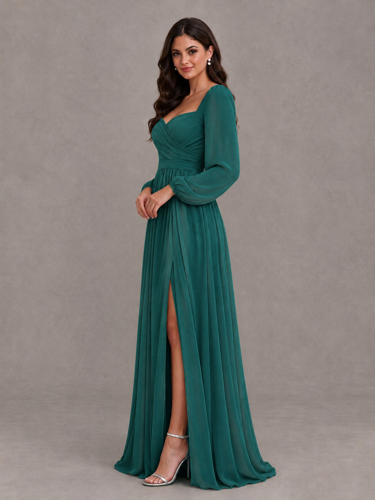 BOLODOO Teal Long Sleeve Chiffon Bridesmaid Dress with Slit - Teal - Teal (3)