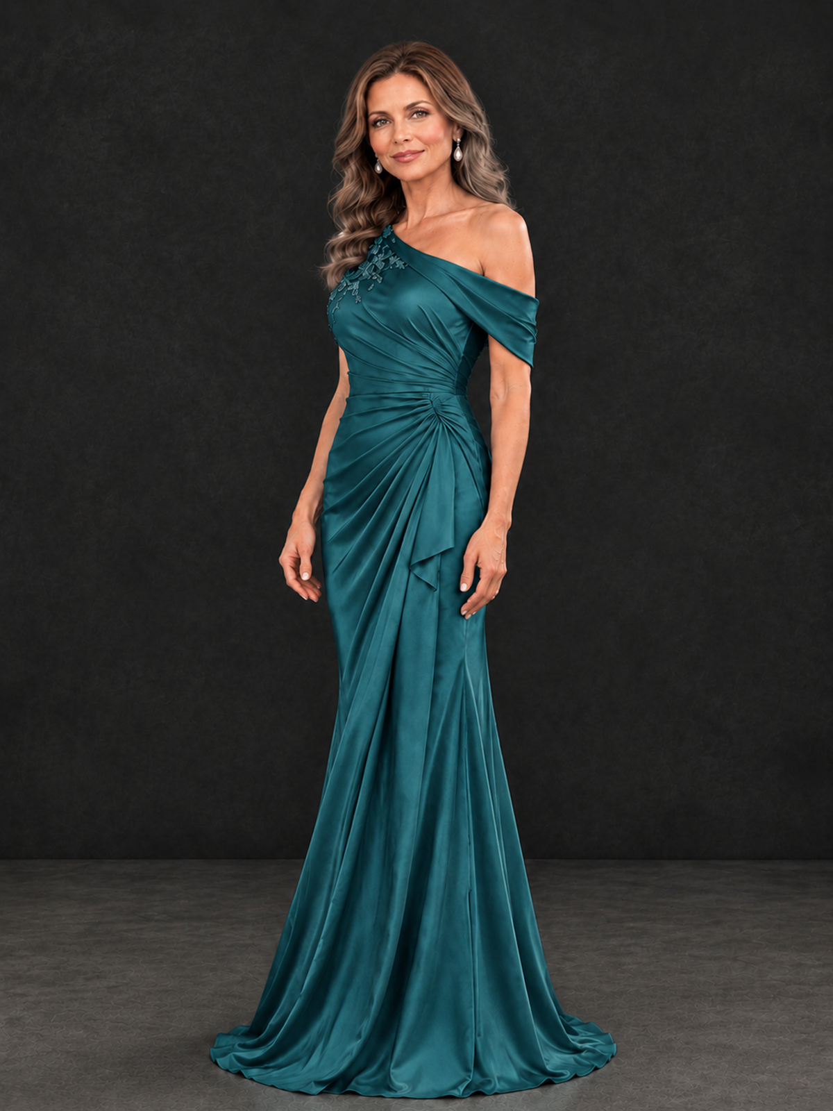 BOLODOO Teal Asymmetric Satin Mother of the Bride Dress with Lace Sleeve - Teal - Teal (3)
