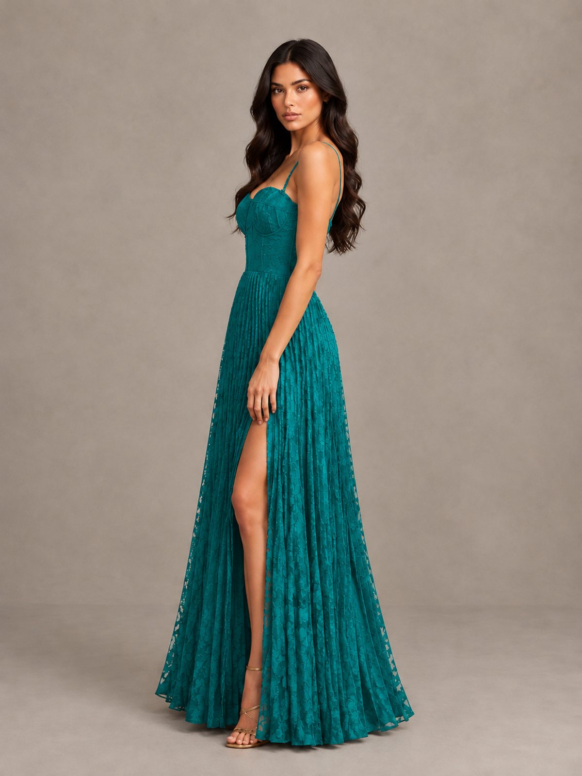 BOLODOO Teal Pleated Bridesmaid Dress with Sweetheart Neckline & Slit - Teal - Teal (3)
