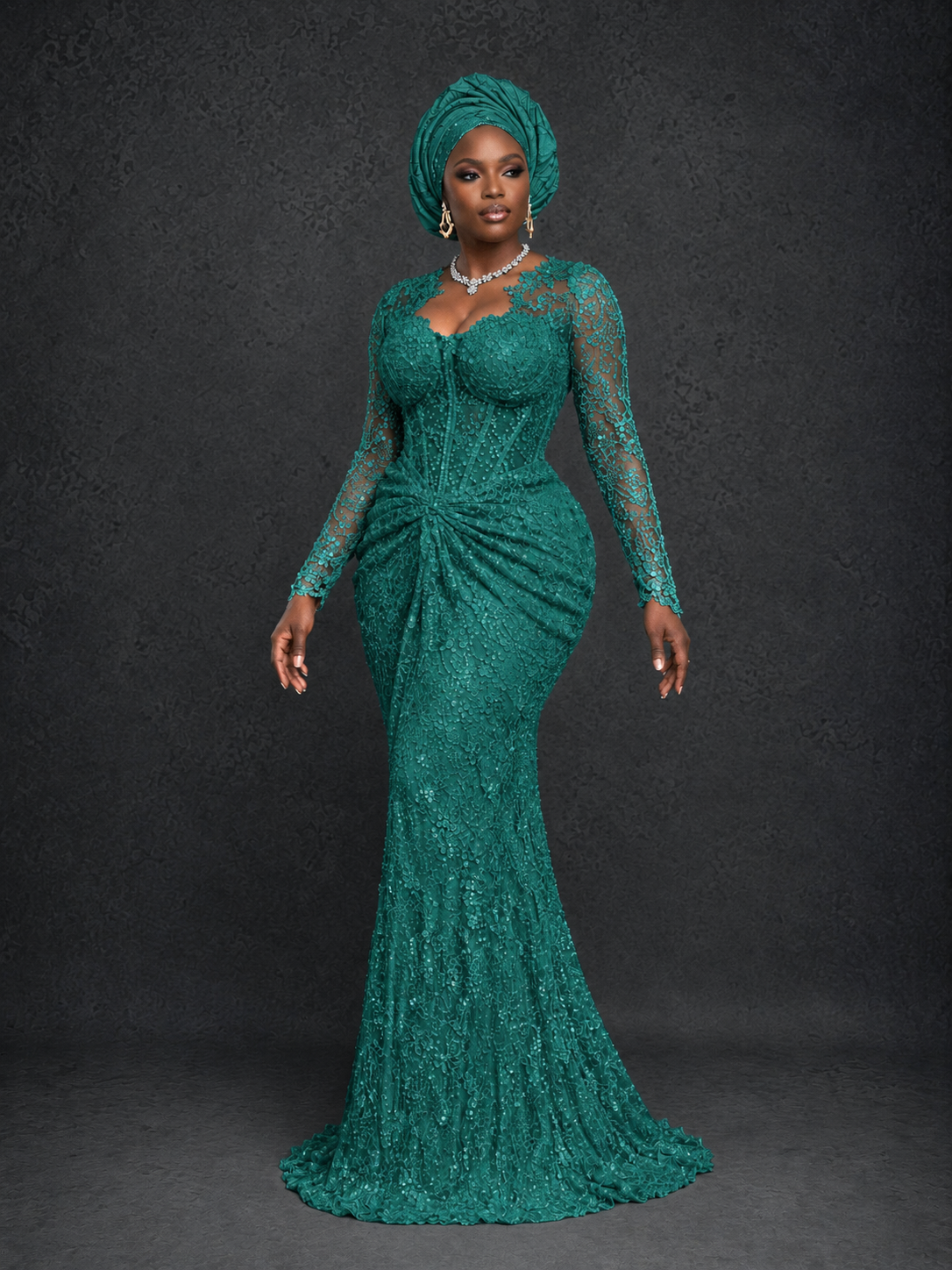 BOLODOO Teal Beaded Lace Long Sleeve Mermaid Gown Sweetheart | Mother of the Bride - Teal